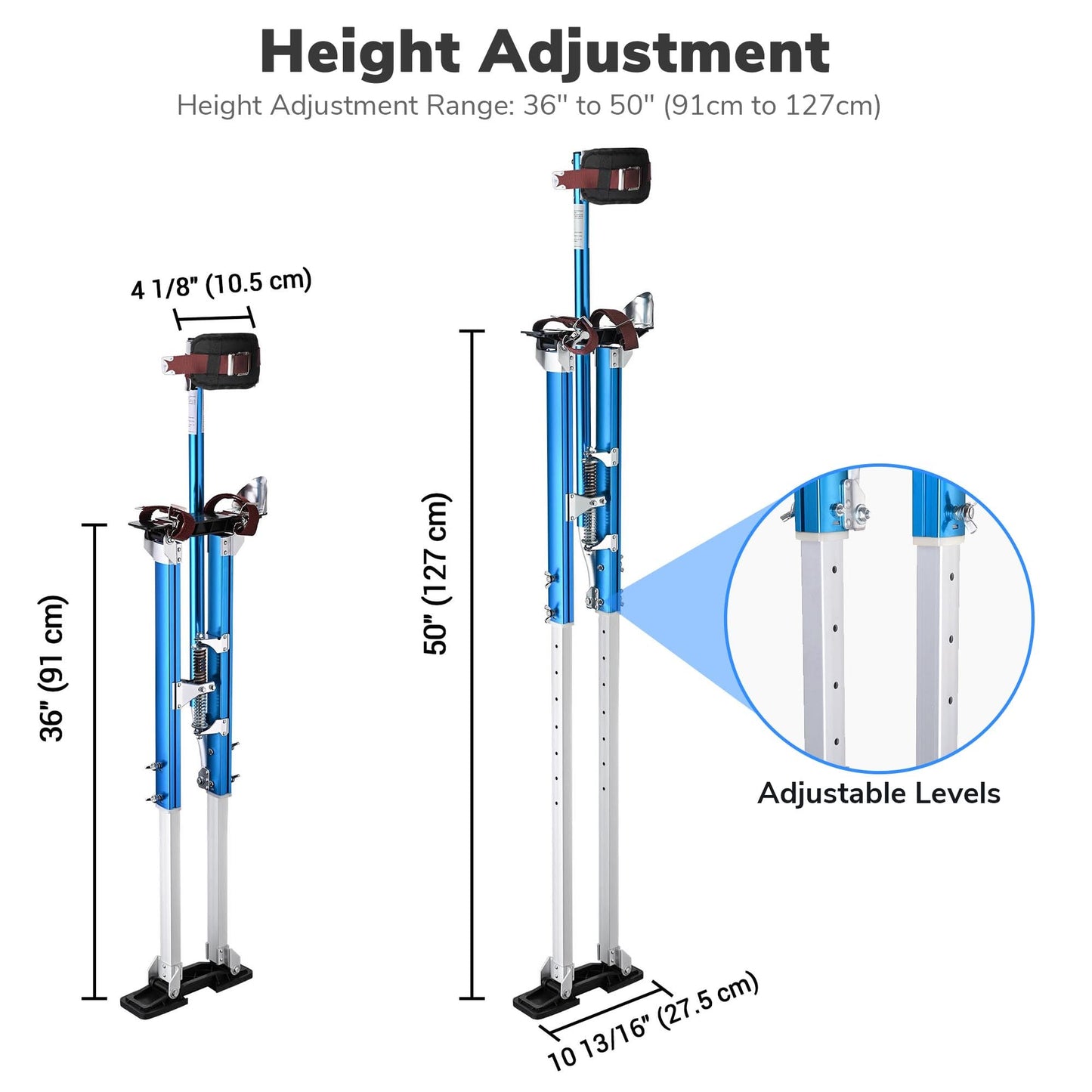Yescom Drywall Stilts 36" - 50" Adjustable Aluminum Drywall Tools with Comfort Leg Pads for Sheetrock Painting Parade Costume Cleaning String Light Decor - 1 Pair of Blue Stilts