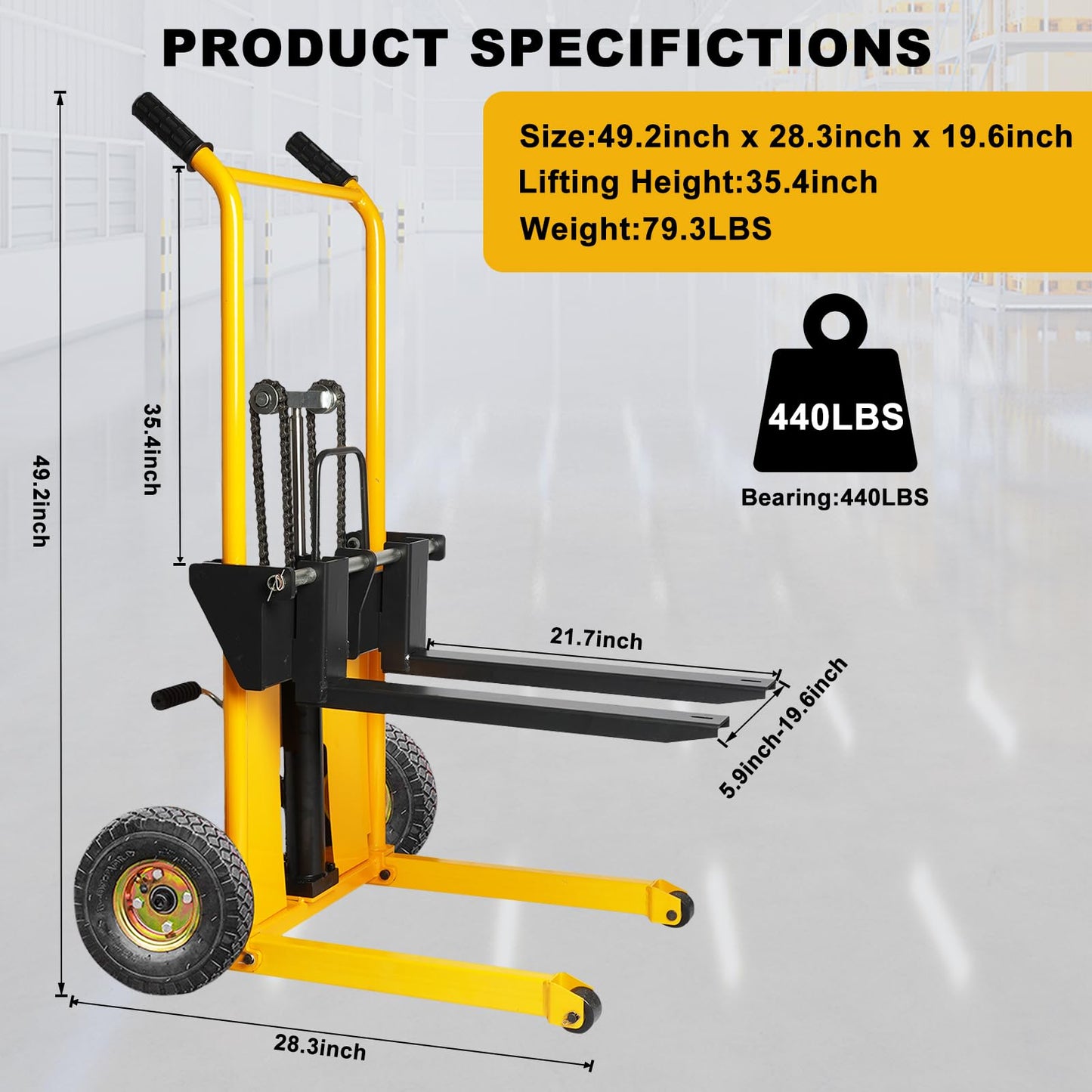 Manual Forklift Pallet Jack, 440 Lbs Capacity Hydraulic Material Lift 35" Lift Height with Adjustable Forks and Fixed Legs, Hand Truck Lift Tire Wheel