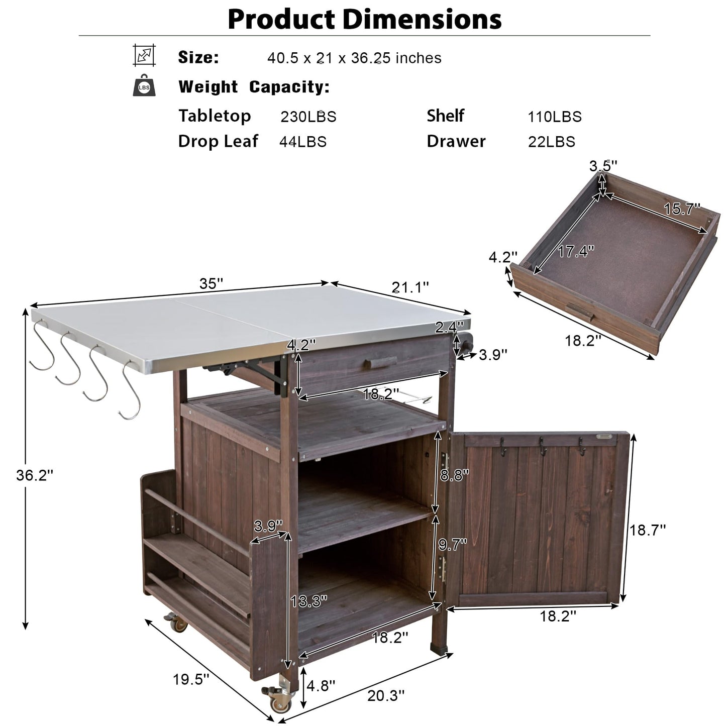 Trygoal Outdoor Grill Cart with Stainless Steel Top, 40.5”Solid Wood BBQ Prep Table for Pizza Oven, Mobile Outdoor Kitchen Island with Drop Leaf, Storage Cabinet, Towel Rack & Spice Holder for Patio