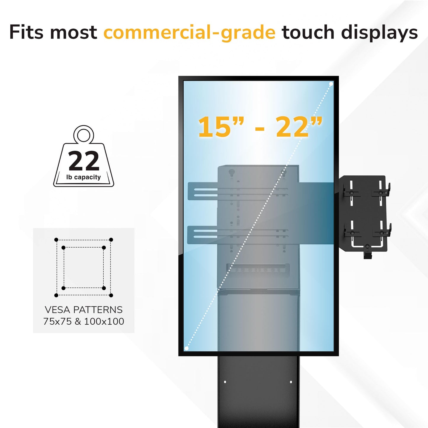 Mount-It! Kiosk Floor Stand For Monitors and VESA Compatible Digital Signage Displays with Printer Storage Slot and Card Reader Bracket, Fits 15" to 22" up to 22lbs - for Check-in & POS Stations Black