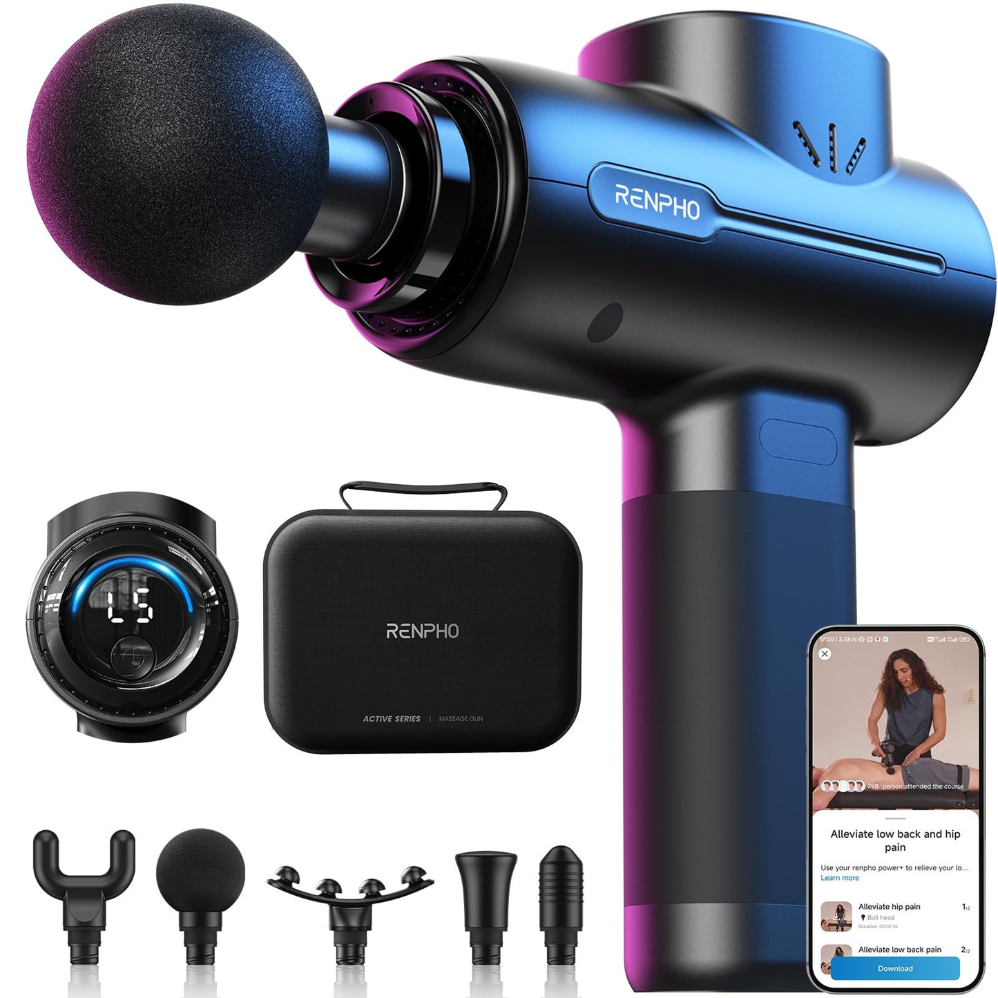 RENPHO Active+ Percussion Massage Gun, Fathers Day Dad Gifts, 5 Adjustable Speeds for Back, Neck, Muscle Recovery - App Controlled Guided Courses, Carry Case for Professional Athlete, Gym and Travel