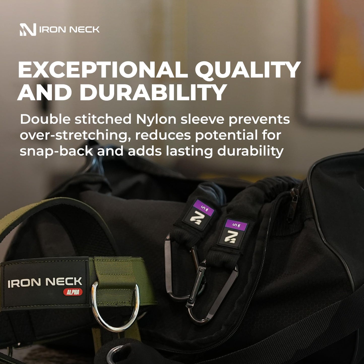Iron Neck Resistance Band - Durable Exercise Band with Steel Carabiners for Neck Trainer, Exerciser, & Strengthener - Training, Strength Workouts, Stretching, & Rehab - Home Gym Accessories - 5 lbs.