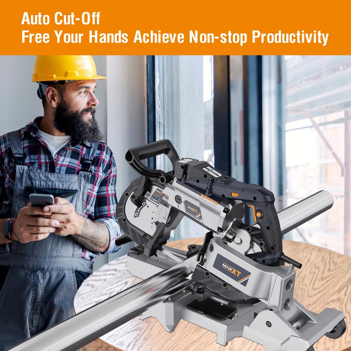 MAXXT Band Saw with Lightweight Aluminum Base, 10 Amp 5 Inch Deep Cut Bandsaw, Variable Speed Handheld Automatic Multipurpose Cut with Carrying Wheels Portable Metal Saw, Band Saws for Metal Wood