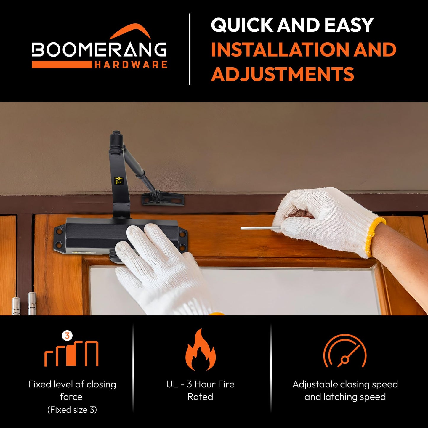 Boomerang D503 Light/Medium-Duty Designer Auto Commercial Door Closer, Multiple Mount Options, Door Closer for Light/Medium Traffic Areas, UL 3 Hour Fire Rated, Matte Black (US19)