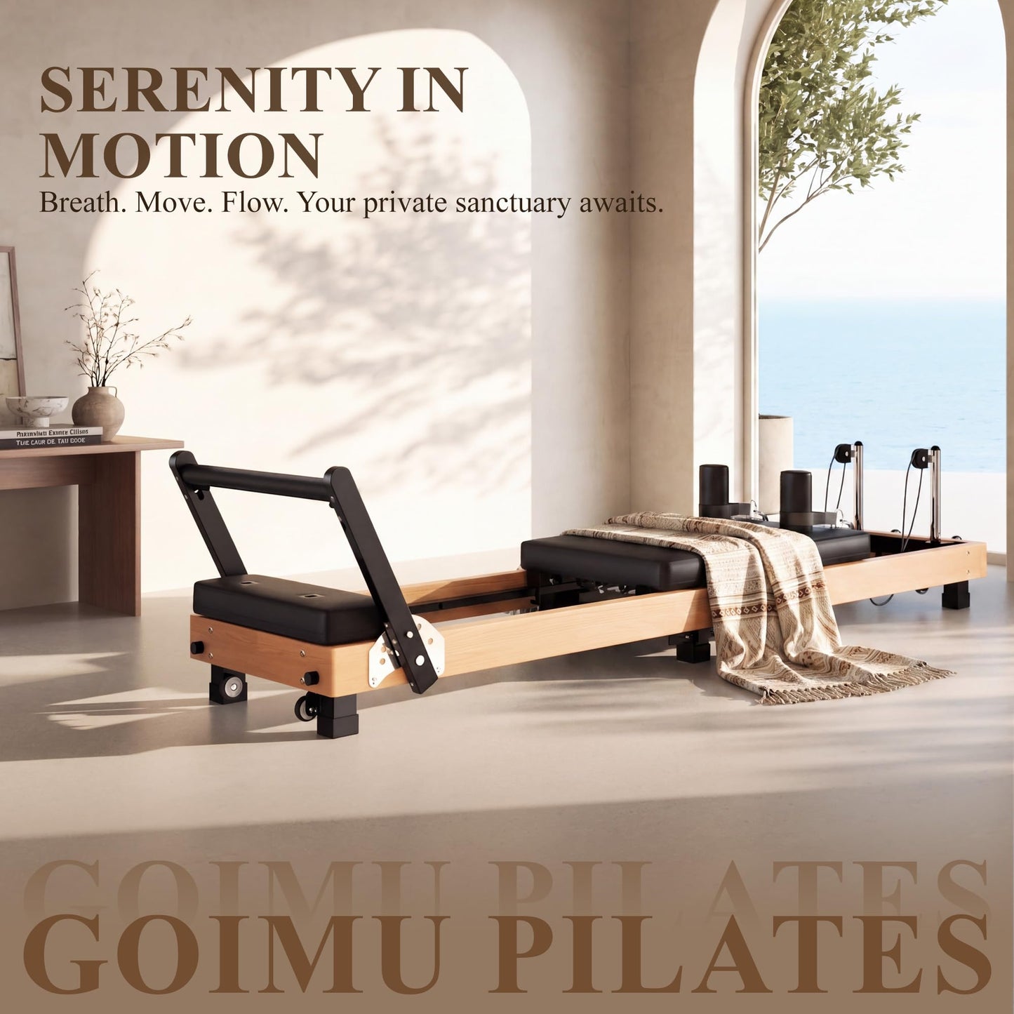 GOIMU Pilates Reformer, 91" Wooden Pilates Reformer Machine with Springs, Foldable Pilates Machine for Studio and Home, Oak Pilates Equipment with Jump Board