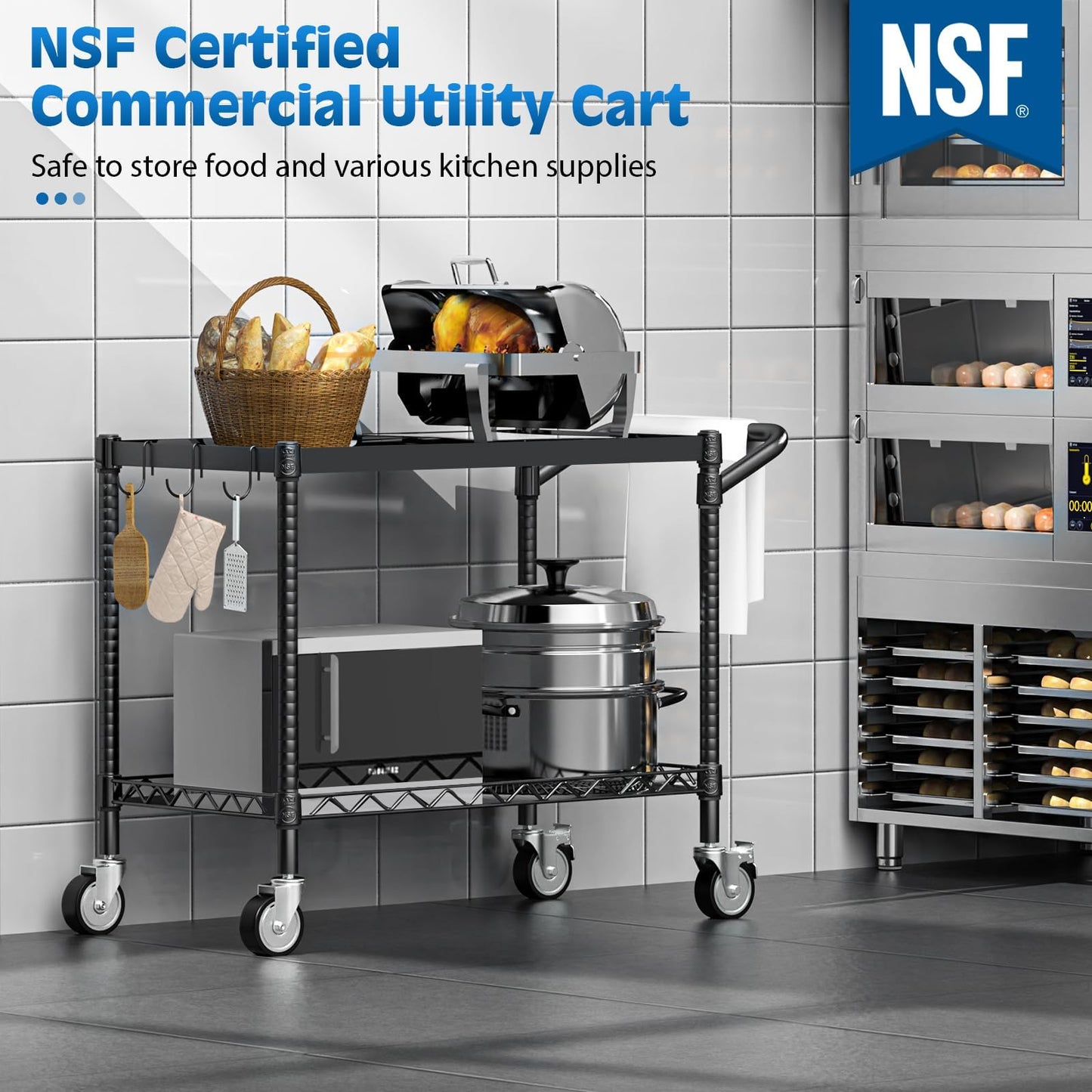 Leteuke 2 Tier Utility Tool Cart with Wheels, Heavy Duty Rolling Utility Carts with Handle, Commercial Grade Metal Serving Storage Cart for Warehouse Garage Kitchen, 25" D x 38.98" W x 40" H-Black