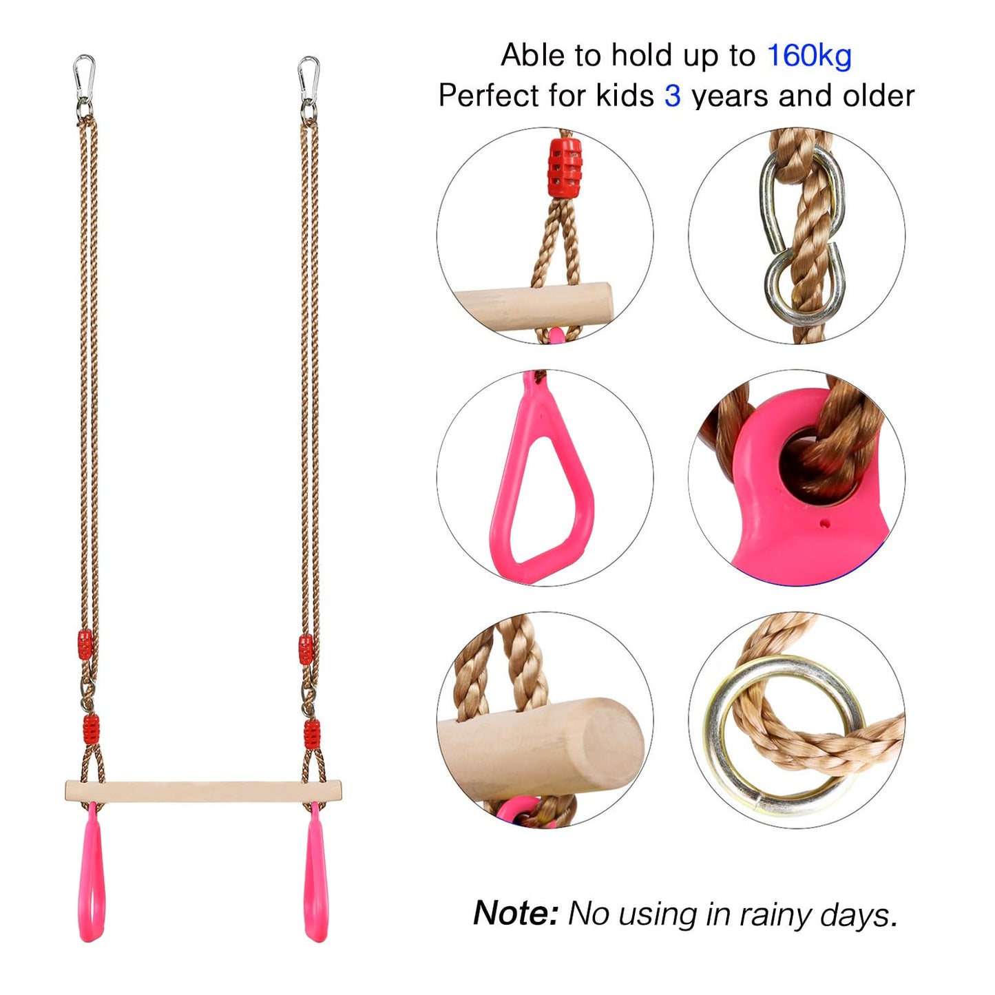 PELLOR Trapeze Bar Gym Rings -Trapeze Swing Bar for Playground Accessories Monkey Bars with Adjustable Rope Kit Equipment for Children Adult