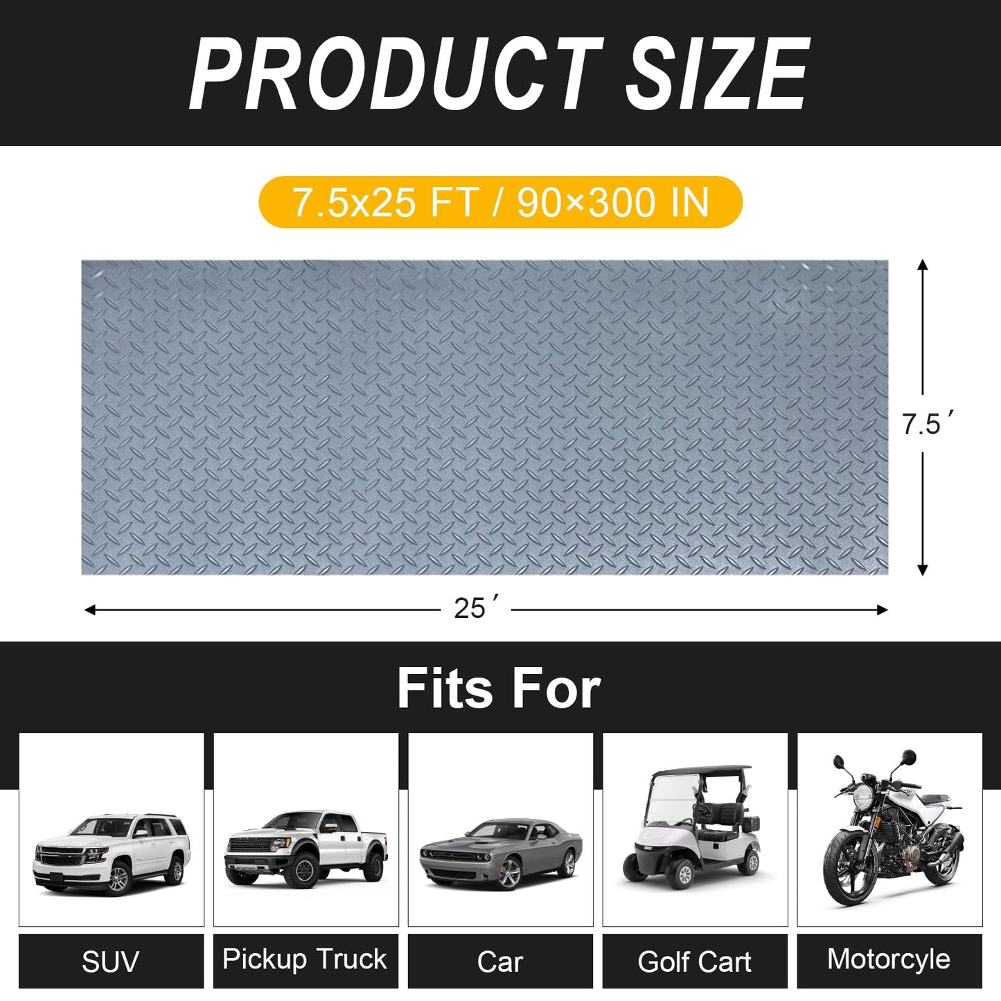 7.5x25 FT Garage Floor Mat, 2.8mm Thickened Flooring Roll Under Car Mat with 20Pcs Tapes, Diamond Plate, Non-Slip Floor Protector Mat for Trailer, Garage, Warehouse, Gyms, Trailer, Matte Gray
