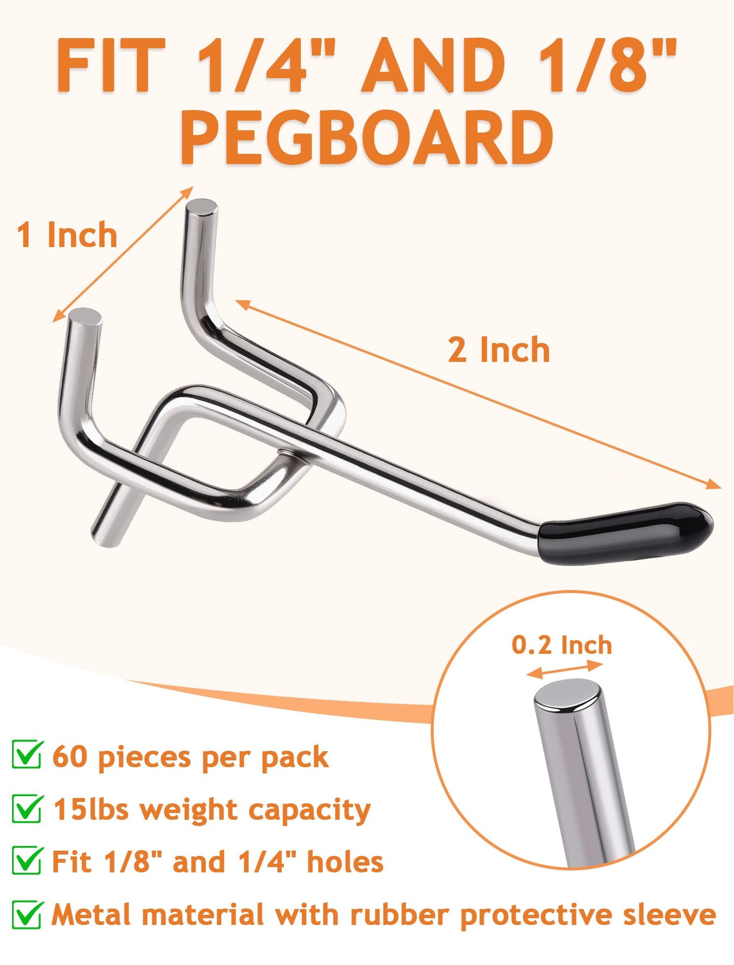 FEAOXYO 60 PCS 2 Inch Pegboard Hooks, Heavy Duty Peg Board Organizer Accessories, Tool Hangers Fit 1/4" Pegboard, Perfect for Garage Storage, Workshop, Craft Room and Wall Hanging Tool