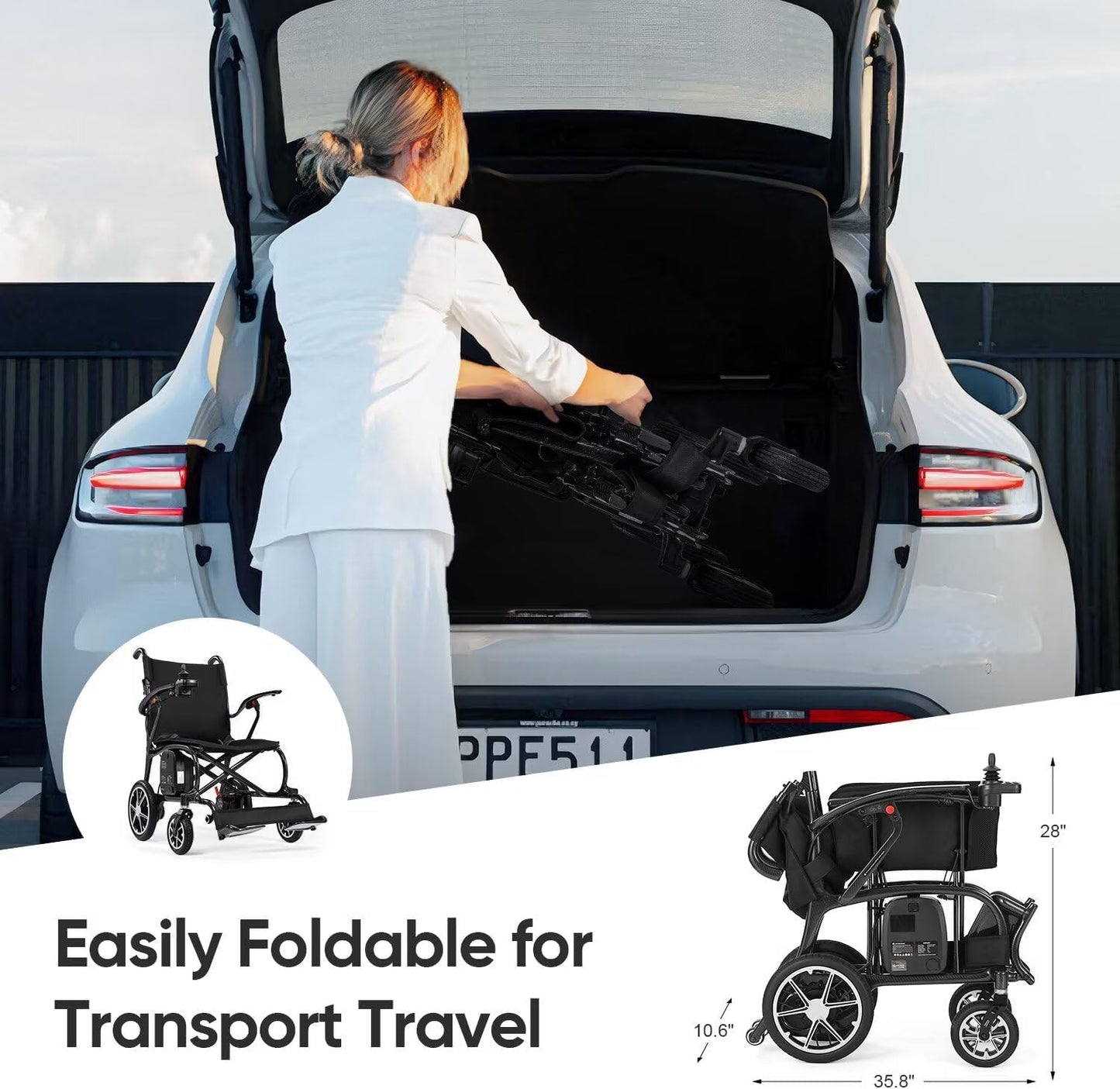 22 lbs Lightweight Electric Wheelchair, Ultra-Light Carbon Fiber Motorized Wheelchair for Adults, Dual-Battery Foldable Power Chair with Remote Control, Portable Airline-Approved Travel Wheelchair