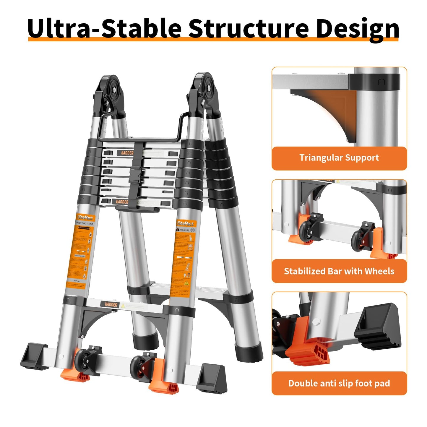 Telescoping Ladder A Frame,Telescopic Ladder for Home, Roof, RV，12.5 Ft Aluminum Extension Ladder with Balance Bar,Wheels and 2 Triangle Stabilizers，330 lb Capacity (12.5FT-A Frame)