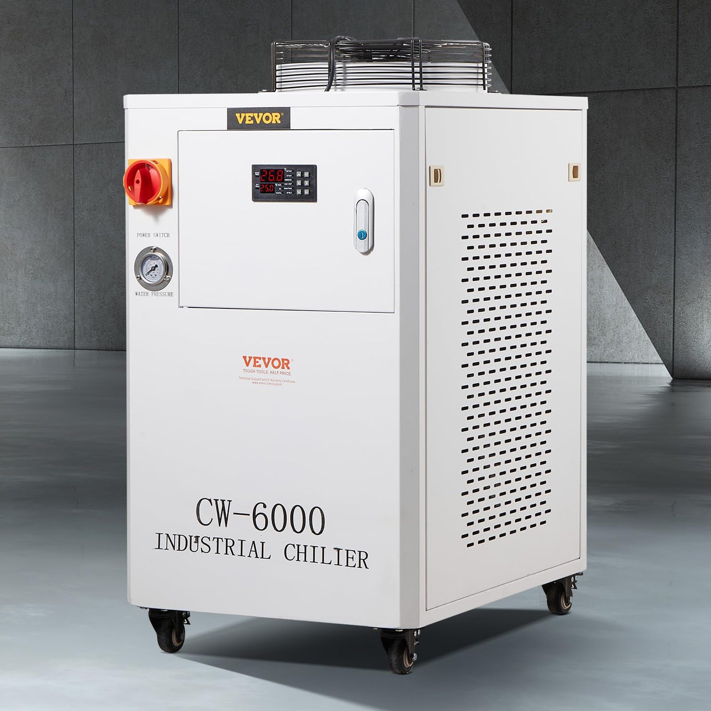 VEVOR Industrial Water Chiller, CW6000, Industrial Water Cooler Cooling System with Compressor 15L Water Tank Capacity 65 L/min Max Flow Rate, for 2 Sets of 300W CO2 Laser Engraving & Cutting Machine