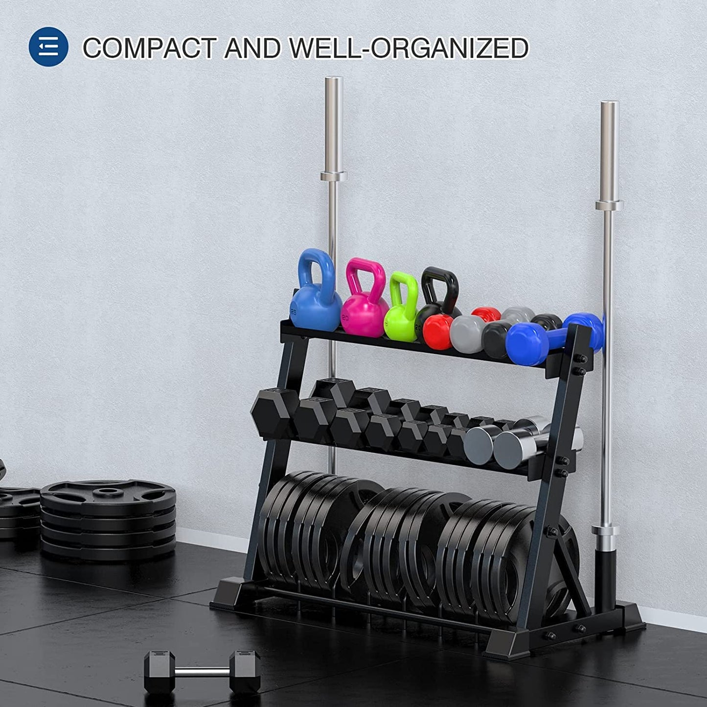 ULTRA FUEGO Dumbbell Rack 3-Tier Weight Plate Rack Storage Stand for Dumbbell/Kettlebell/Weight Plate and Curl Bar
