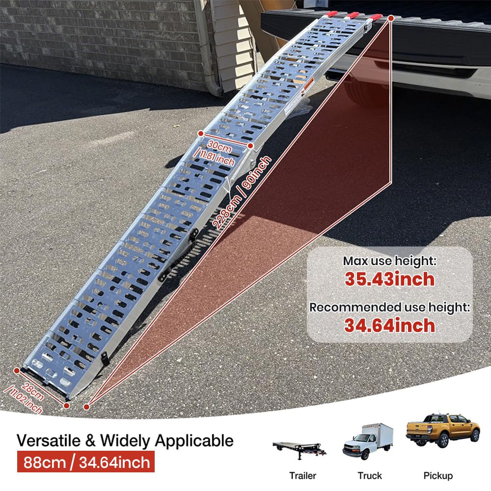 WheelX 920lb Capacity Aluminum Folding Loading Ramps for Car, Truck & Trailer Bed - with Load Straps for Wheelbarrow, Mountain Bikes, Electric Bikes, Motocross, Scooters
