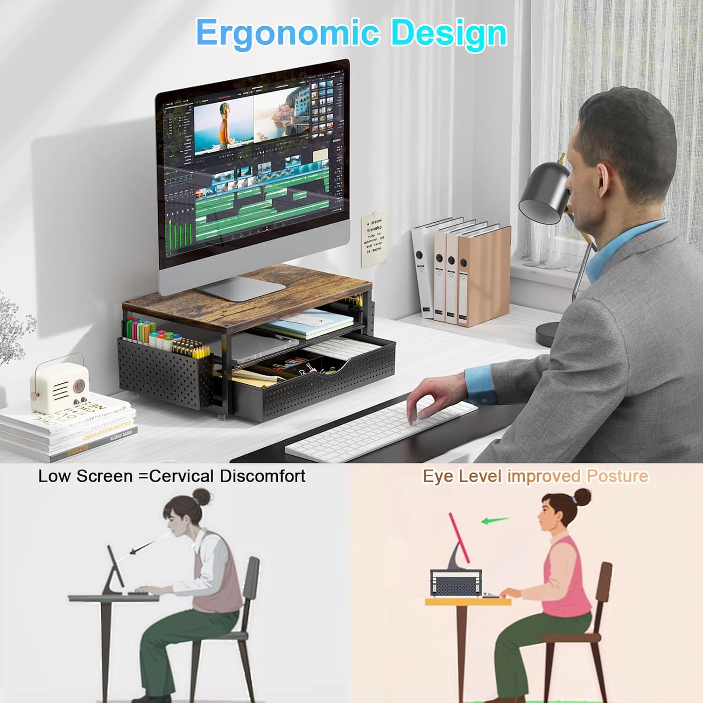 2-Tier gianotter Wood Monitor Stand Riser, Office Desk Shelf Organizer, Desk Organizer with Drawer and Pen Holder