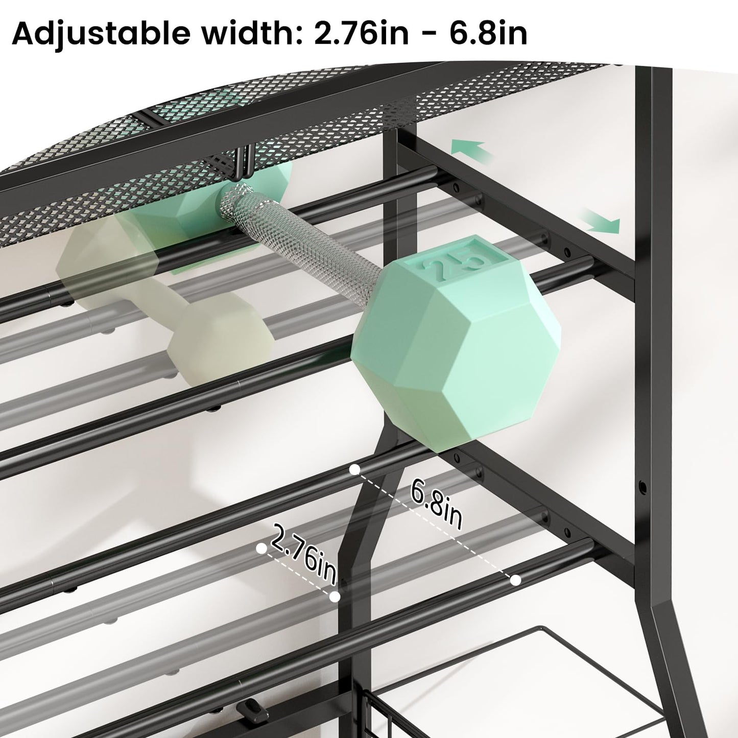 ThreeHio Home Gym Storage Rack, Dumbbell Rack with Yoga Mat Storage, Weight Rack Stand with Lockable Wheels and Hooks, Home Workout Equipment Organizer for Yoga Mate, Dumbbell, Kettlebells, Ball Storage