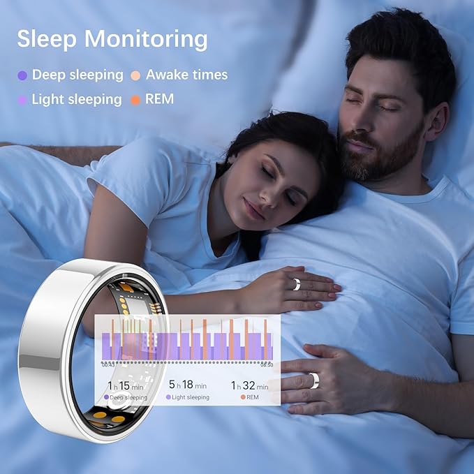 Ring Health Tracker for Women Men, Fit Ring with Heart Rate, Blood Oxygen, Sleep Monitor, Calories, Step Counter, IP68 Waterproof Smart Ring for iPhone & Android, No Subscription Fee (Silver, 8#)