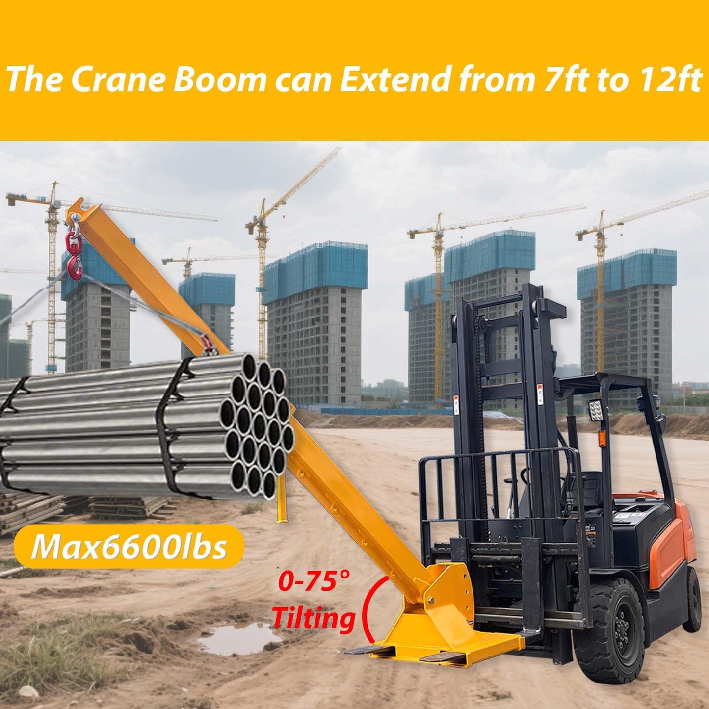 JARYANNIX Forklift Jib Boom Crane, 6000lbs Capacity Forklift Mobile Crane with 2 Hooks Hoist, 0-75° Adjustable Tilt, for Towing Handling Equipment, Adjustable Telescopic Booms Attachments