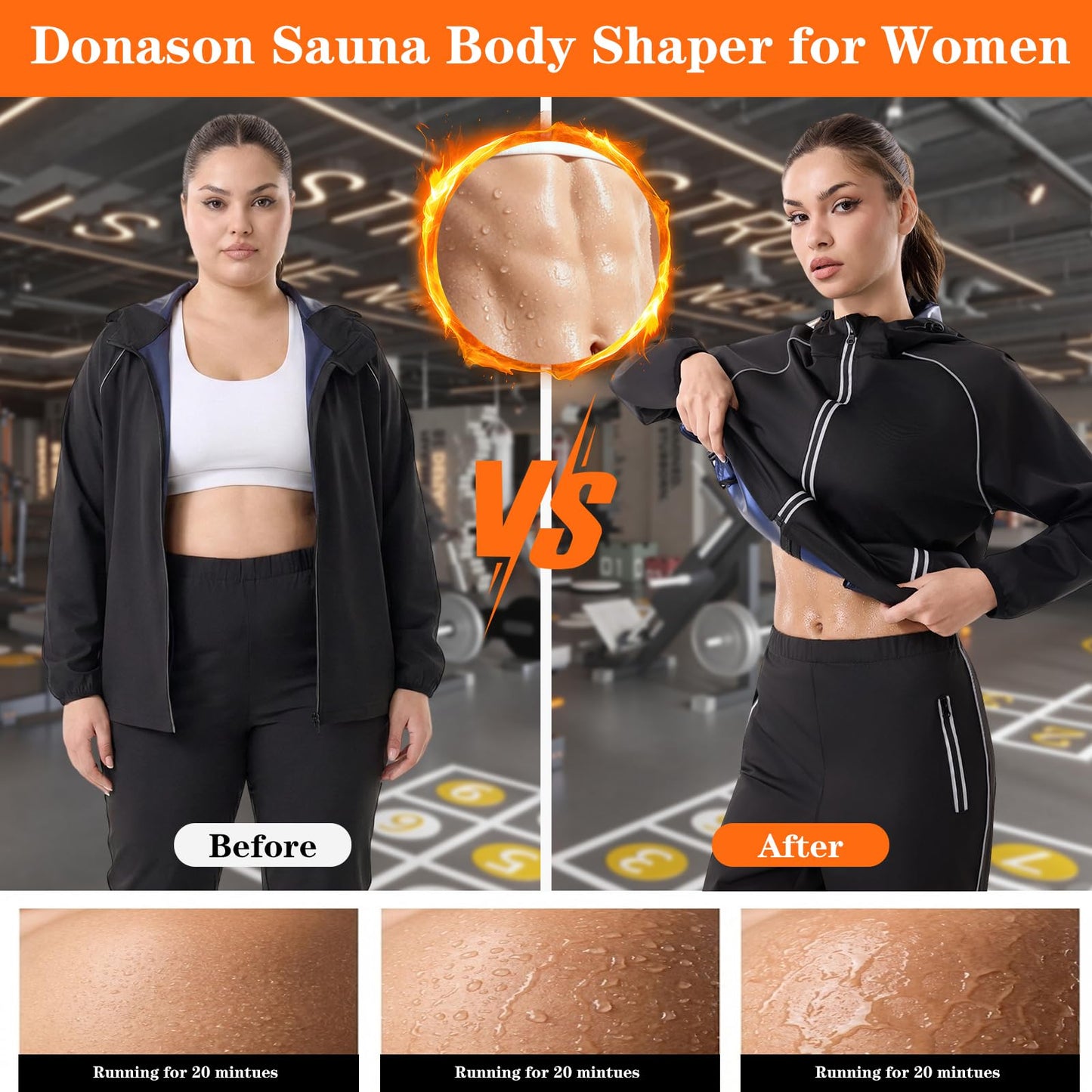 Donason Women's Sauna Suit Sweat Shapewear for Weight Loss Body Shaper with Zipper Heat-Trapping Long Sleeve Tops Workout Pants Durable Gym Fitness Sweatsuits Lightweight Exercise Jacket (Blue)