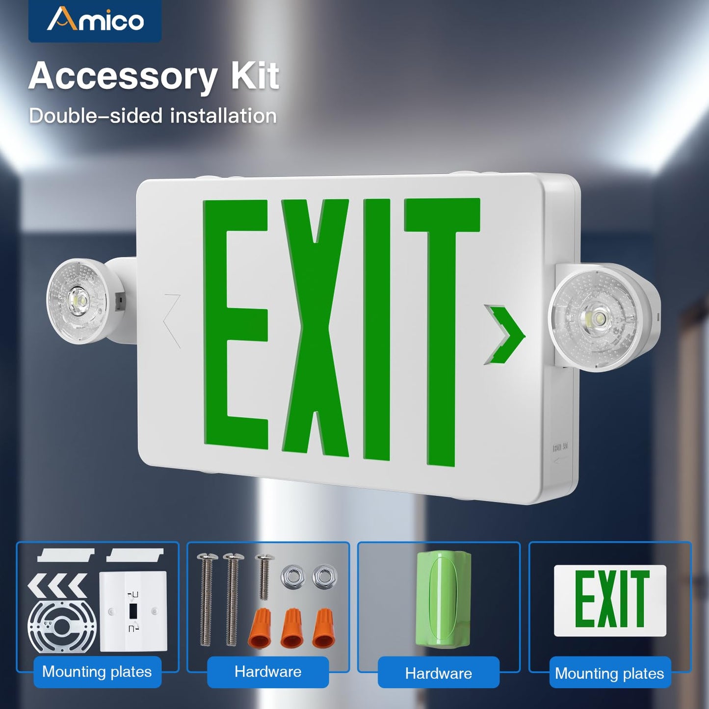 Amico 12 Pack Green Exit Signs with Emergency Lights, Commercial Grade 94V-0 Fire Resistant, Two LED Adjustable Heads, 90-Minute Battery Backup, ETL Certified 120/277V, Wall or Ceiling Mount