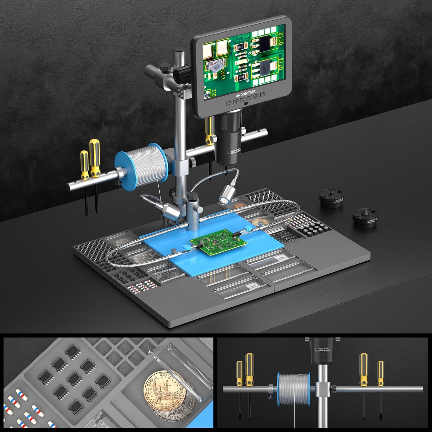 Andonstar 3 Lens 2160P UHD HDMI Digital Microscope 2000X, AD246SM-Plus Professional for PCB Circuit Board Soldering Microscope Station, Soldering Helping Hands, Tool Holder, 32G Card