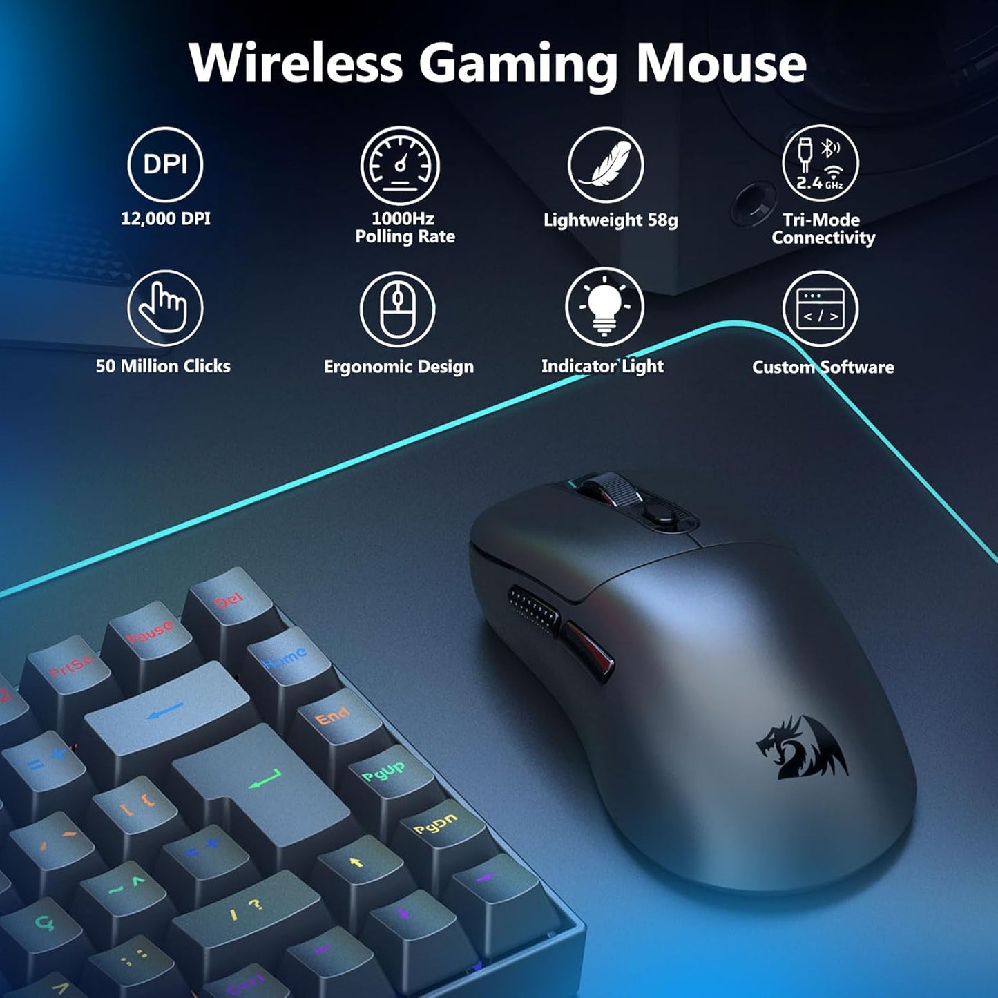 Redragon 58g 12,000 2.4G/Bluetooth/USB-C, PAW3311 75Hr 6 Programmable Wireless Gaming Mouse, Lightweight, DPI, Tri-Mode