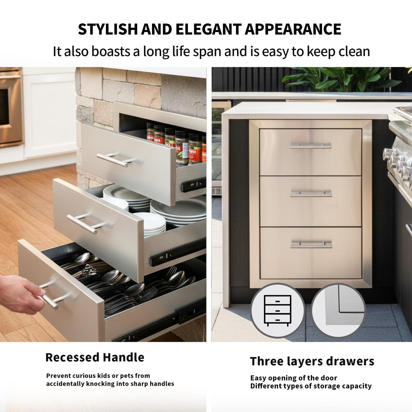 Cxforste Outdoor Kitchen Drawers with Triple-Access & Handles ，18" W x 23" H x 23" D Stainless Steel Flush Mount Modular Cabinet for BBQ Islands & Patios