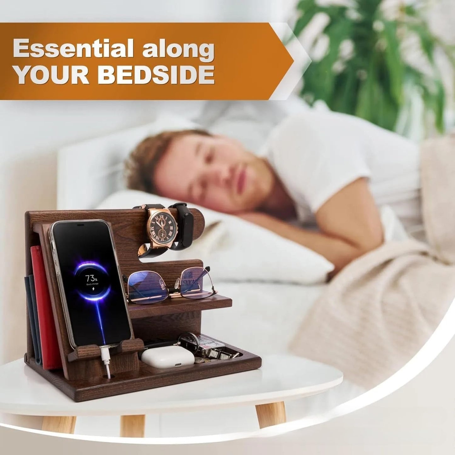 5-in-1 Wood Phone Docking Station, Desktop Organizer for Phone, Watch, Keys, Glasses & Office Supplies, Birthday Gifts