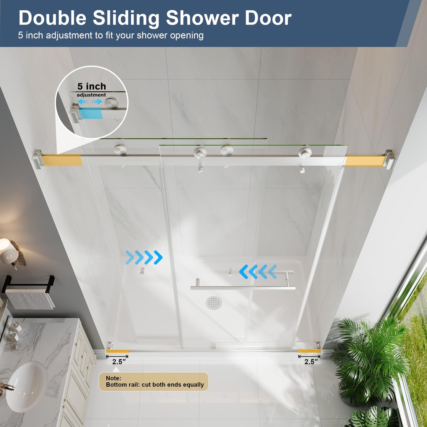 EASYWORC Frameless Double Sliding Shower Doors, 55-60" W x 76" H Shower Glass Door, 1/4" (6mm) Thick ANSI Certified Tempered Glass with Explosion-Proof Film and Nano Coating, Brushed Nickle