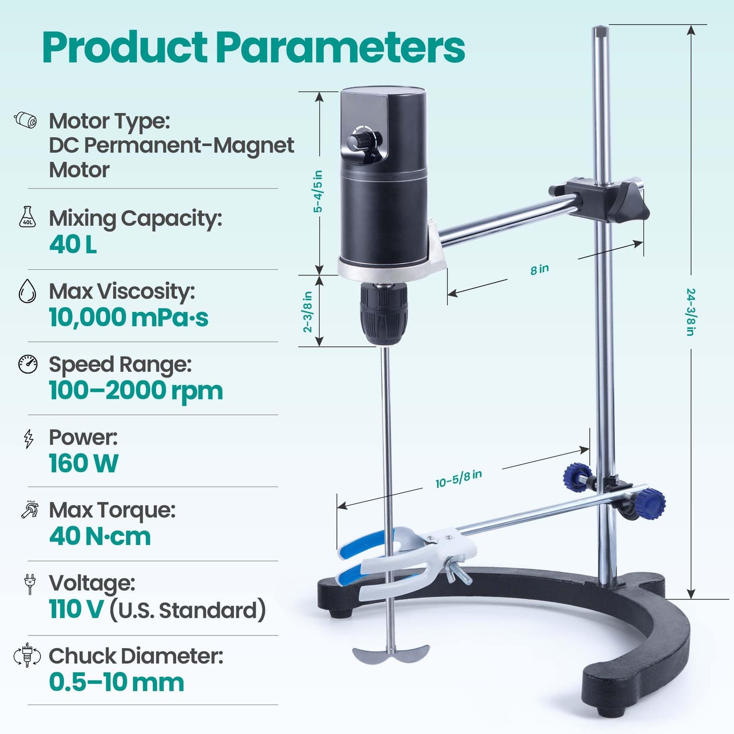 Deccasa Lab Overhead Stirrer - 40L Capacity Digital Mixer, 100-2000 RPM Variable Speed, High Viscosity 10000mPa·s, Brushless Motor with Support Stand & Dual Stirring Rods
