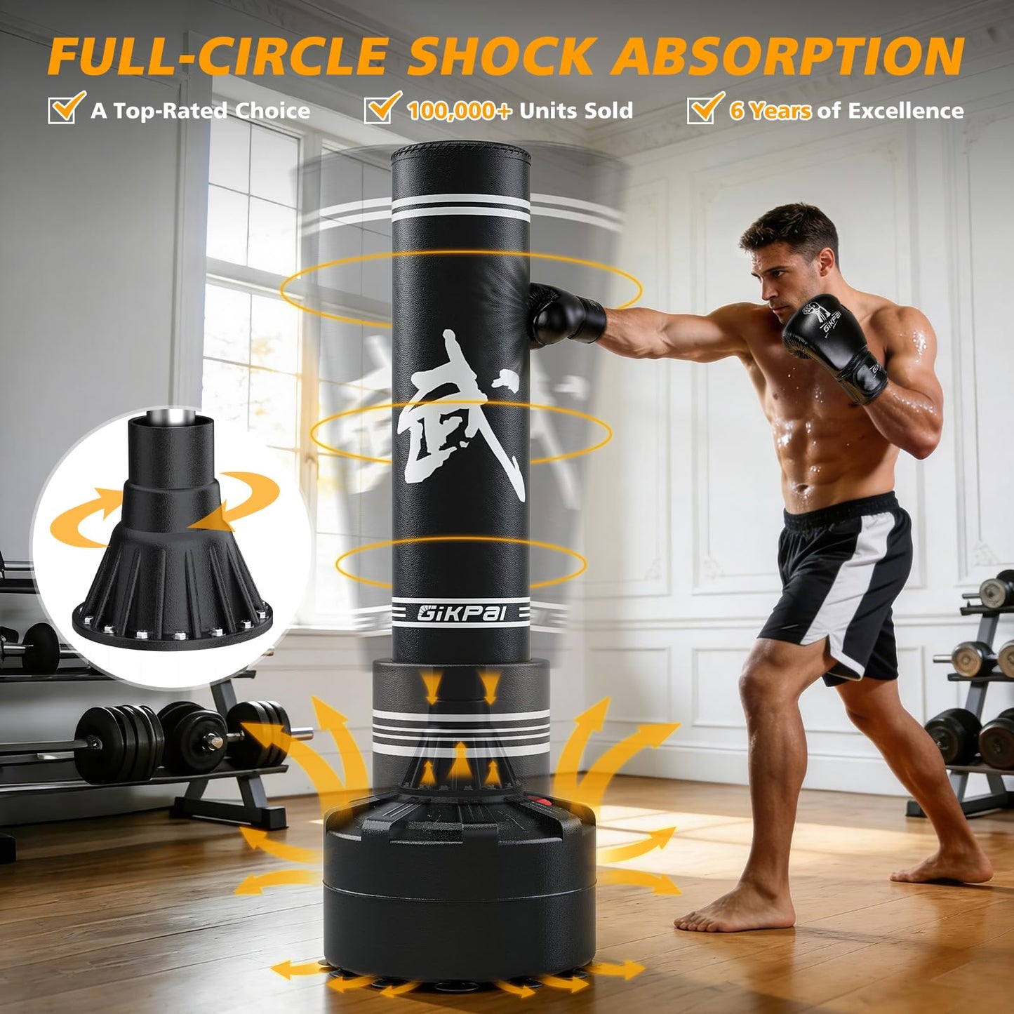 GIKPAL Freestanding Punching Bag for Adults 67'' Heavy Boxing Bag with Boxing Gloves, No Spring Low-Noise Standing Bag for Home Office Kickboxing (Black 02)