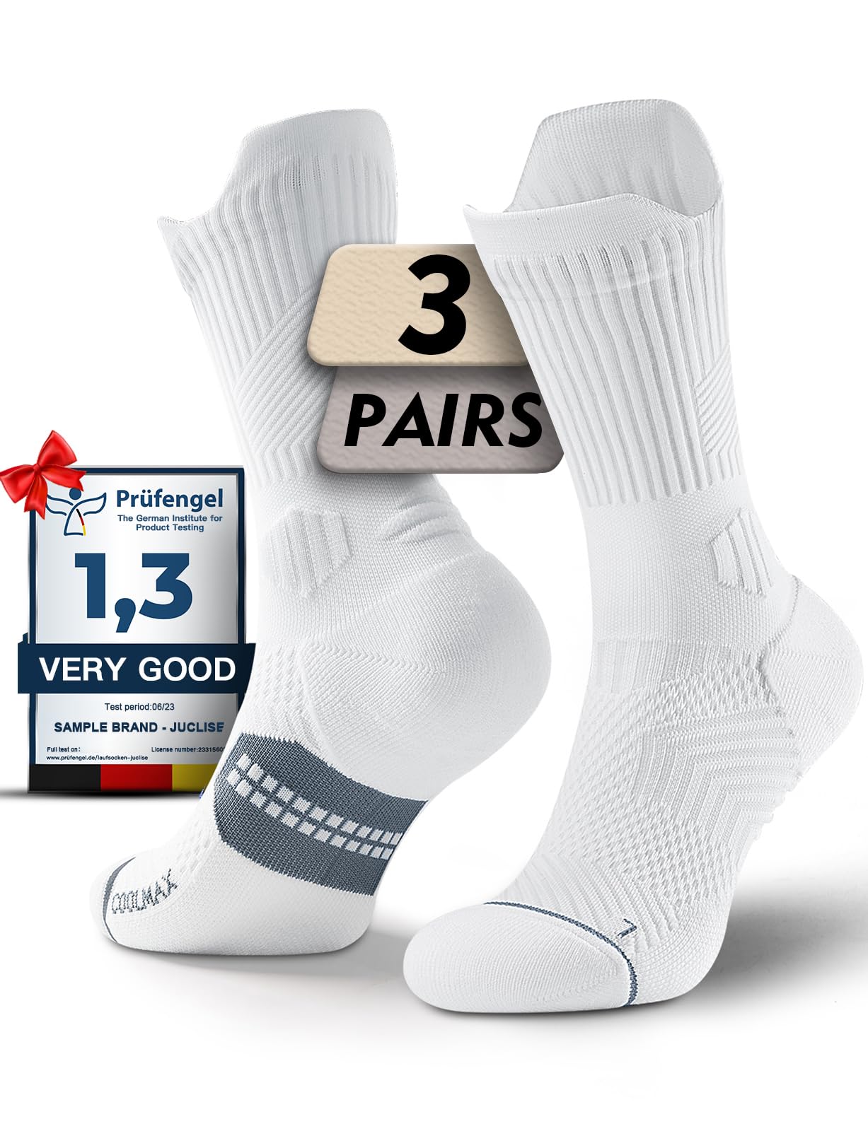 Juclise Womens Coolmax Bamboo Viscose Compression Running Crew Socks, Moisture-Wicking Anti-Blister Hiking&Gym Athletic (US, Alpha, Medium, Regular, Regular, Glacier White)