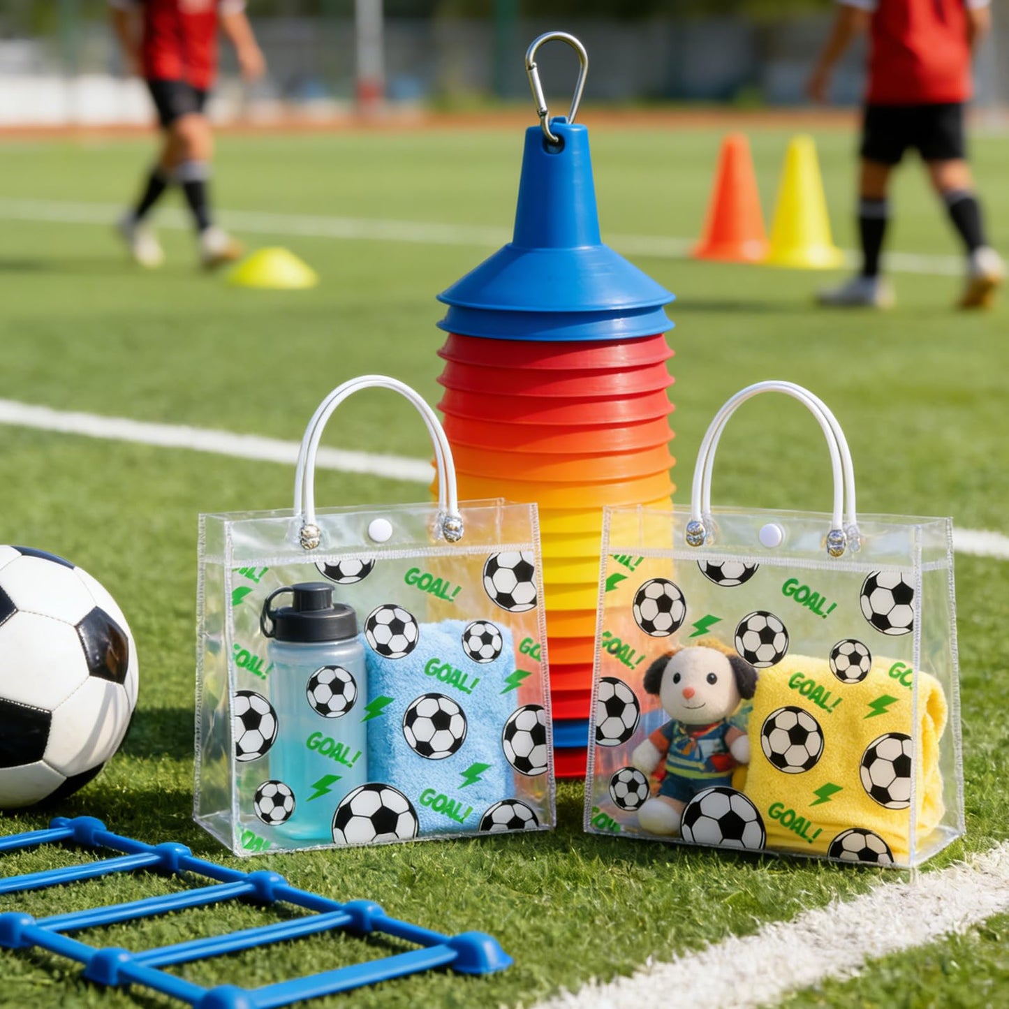 24Pcs Soccer Clear Goodie Bags - 7.9 x 7.9 x 3.15 Inch Plastic Favor Bags with Handles for Soccer Sport Theme Birthday Party, Team Treat Snack Bag, Gifts Bags for Team Celebration, Sports Party Supplies