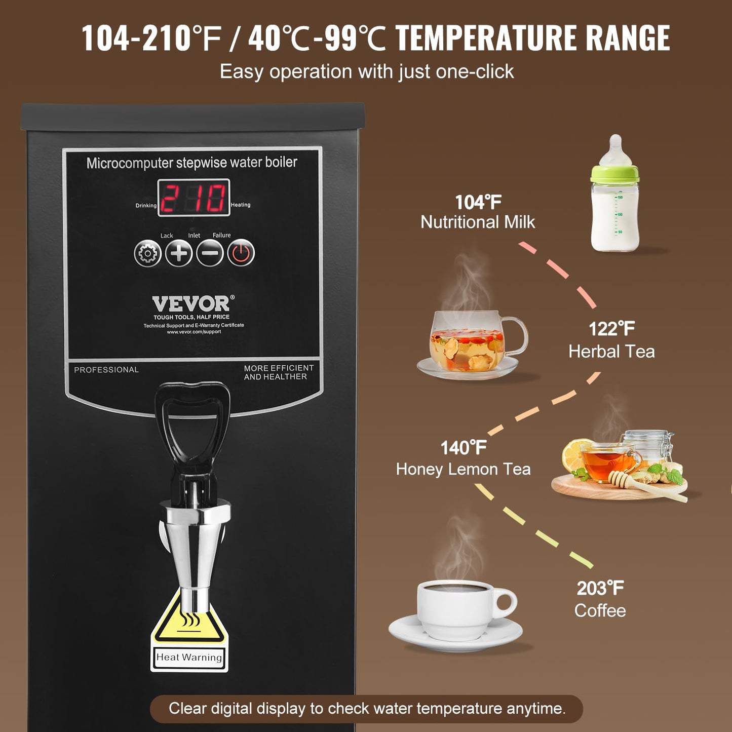 VEVOR Commercial Water Boiler, 10L Electric Hot Water Dispenser with 316 Stainless Steel Heating Tube, 1500W Step-by-step Fast Heating 50L/H Hot Water Boiler, for Coffee Tea Restaurant Office