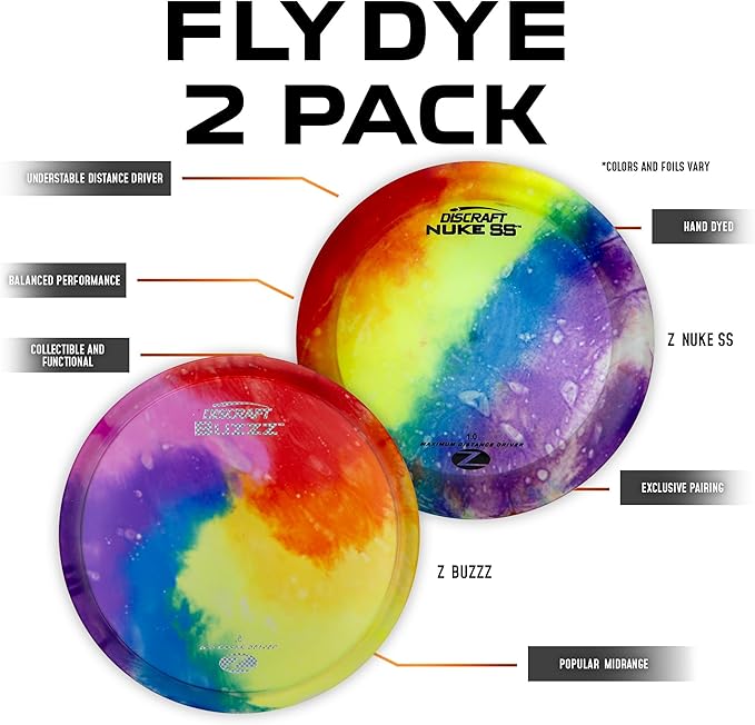 Discraft Z Fly-Dye Two Pack – Disc Golf Set | Buzzz & Nuke SS | Zone & Raptor | Sol & Avenger SS | Perfect for Men, Women, and Kids | Disc Weight, Color & Foil Will Vary