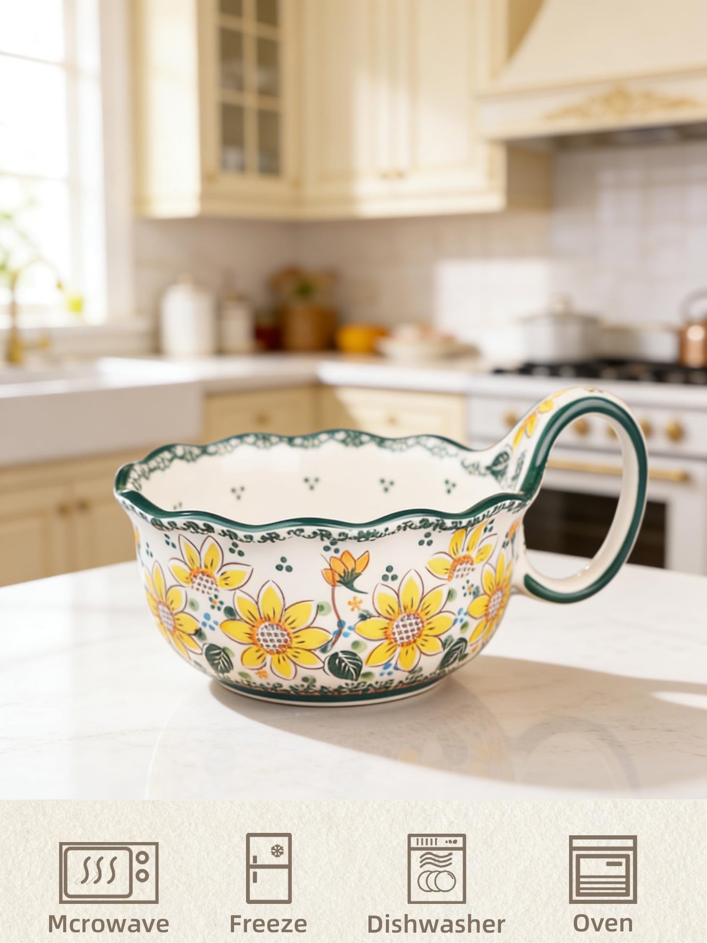 silesia Handmade Ceramic Soup Bowl, 30 oz Hand Painted Bowl with Loop Handle, Floral Design Cereal Bowl for Soup, Ice cream, Snack, Microwave & Dishwasher Safe (Sunflower)