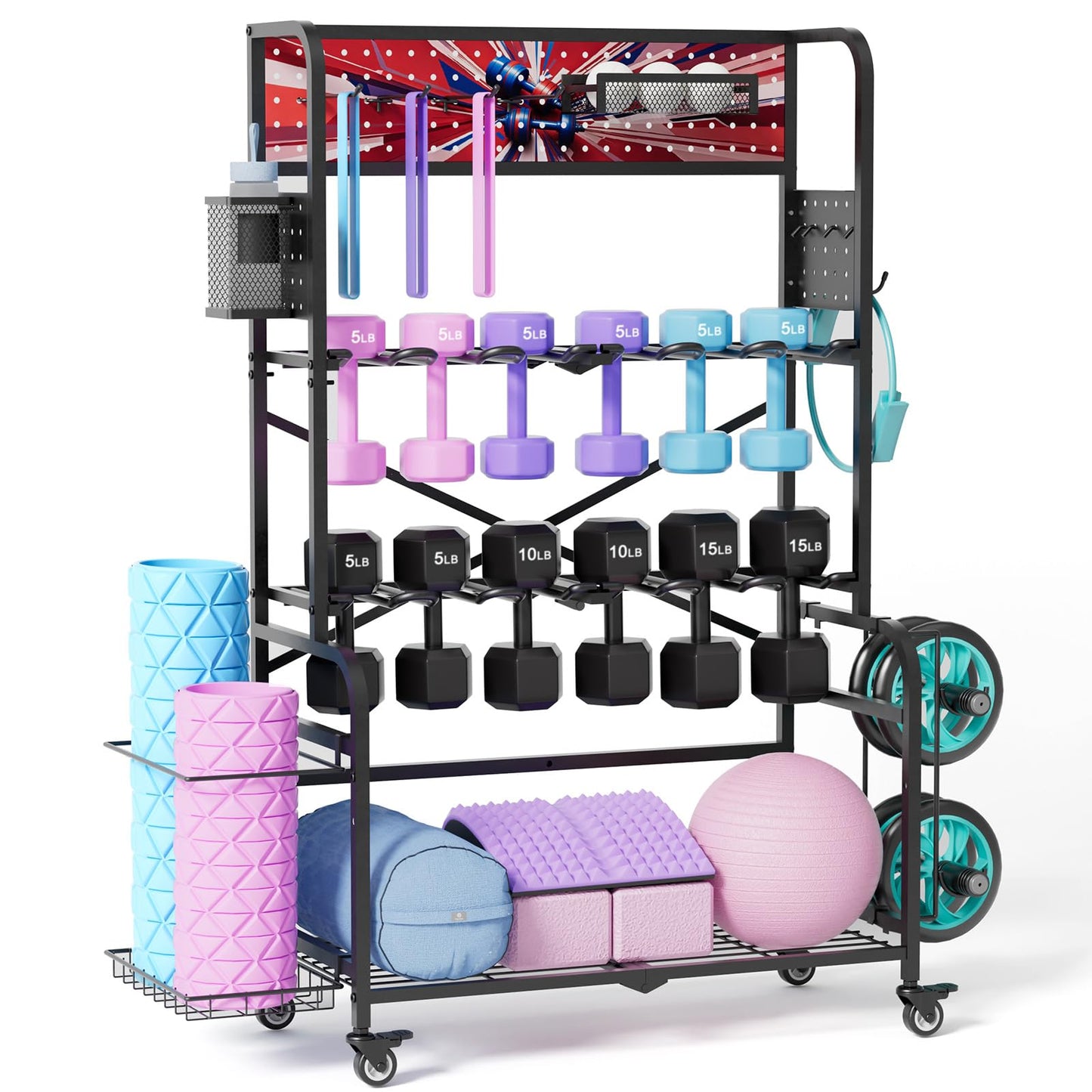 YiiMeeCoo Heavy Duty Dual-Row Dumbbell Rack with Wheels, Home Gym Vertical Storage Stand with Yoga Mat Storage, Space Saving Fitness Equipment Organizer for Home Workout