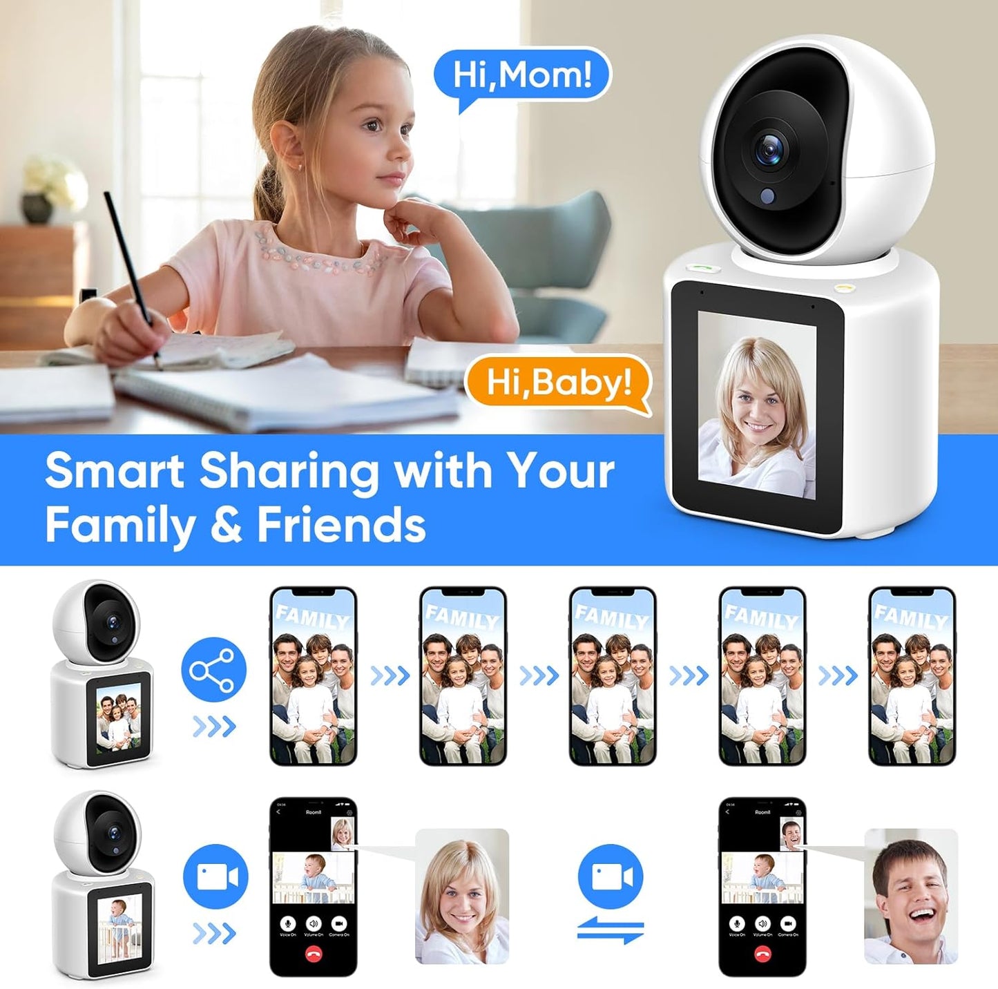 MYPIN 2K 360 Two-Way Video/Audio Indoor Camera, Child/Elder/Dog/Pet Camera with Phone App& Degrees Pan Tilt, Night