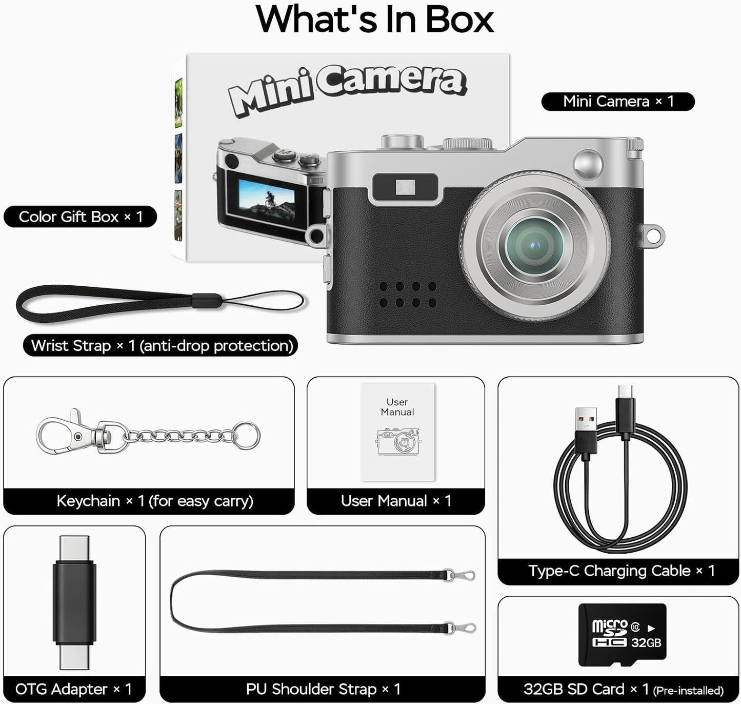 Dienspeak 1080P 32GB 0.96" Mini Digital Camera, HD Tiny Retro Keychain Camera with Card, Screen & OTG Adapter, Vintage