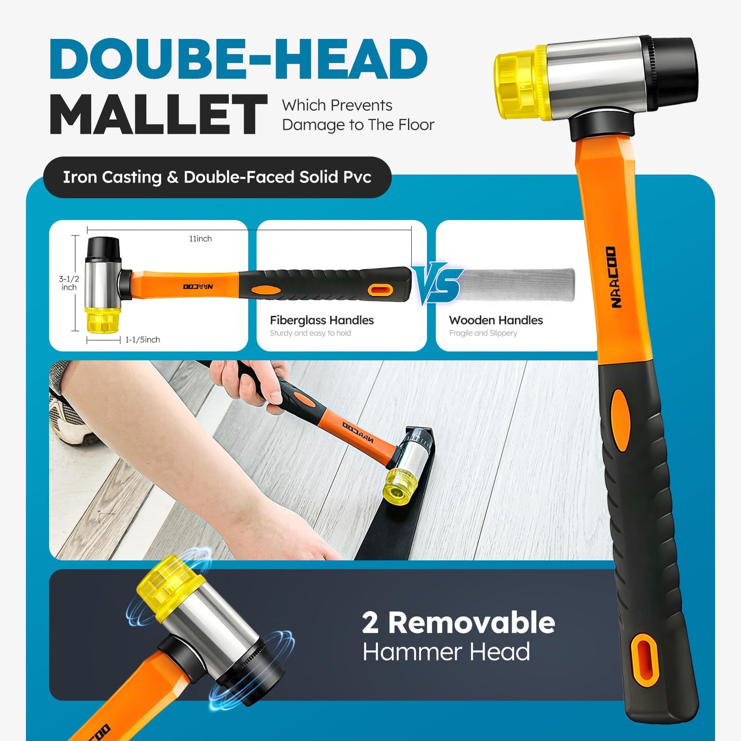 NAACOO Laminate/Vinyl Flooring Tools, Tapping Block for Vinyl Plank Flooring-Double Sided with Notches,10In Contour Gauge, Pull Bar, 40Pcs Floor Spacers,Rubber Mallet. Universal Floor Installation kit