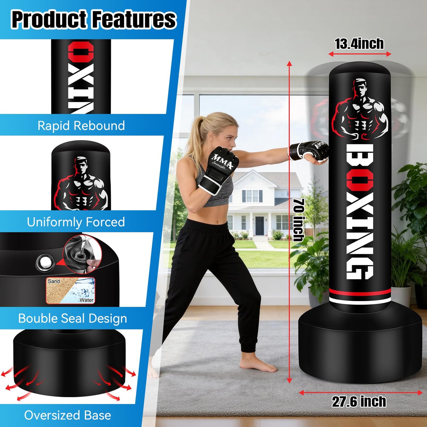 Upgraded Freestanding Punching Bag for Adults Teens, 70" Standing Punching Bag Heavy Boxing Bag Set with 12 OZ Gloves, Air Pump, Kicking Bags for MMA Karate Kickboxing Boxing Home Gym Training