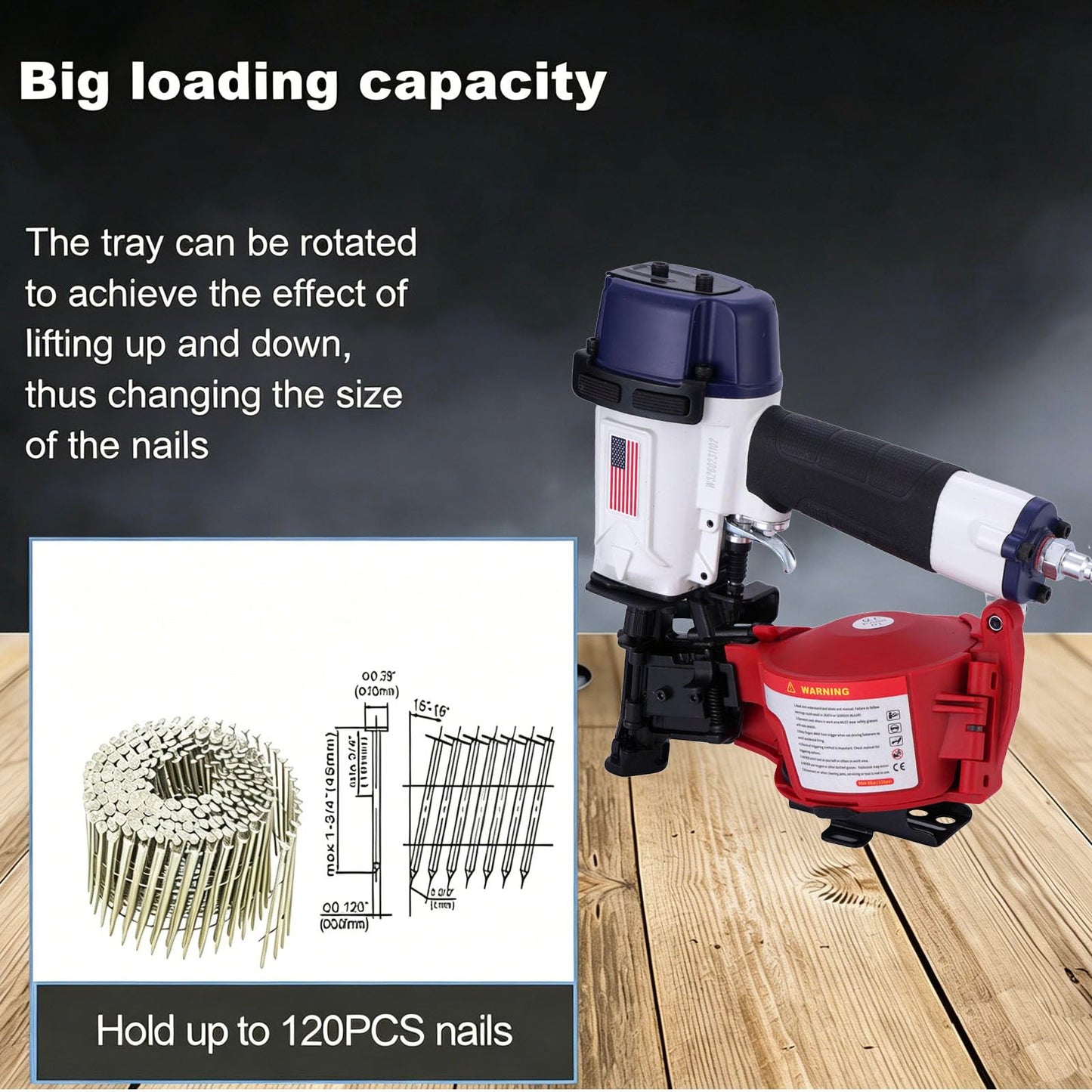 BHTOP American Style CN45N Roofing Nailer, 15 Degree Roofing Nail Gun, 3/4-Inch to 1-3/4-Inch Coil Nails, 120-pcs Load Capacity Coil Nailer