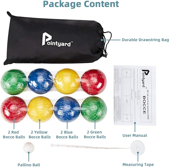 Pointyard 100mm Bocce Ball Set, Regulation Bocci Ball Set with 8 PE Bocce Balls/1 Pallino/Carrying Bag/Measuring Tape - Outdoor Family Bocce Game for Backyard/Lawn/Beach (Red,Blue,Green,Yellow)