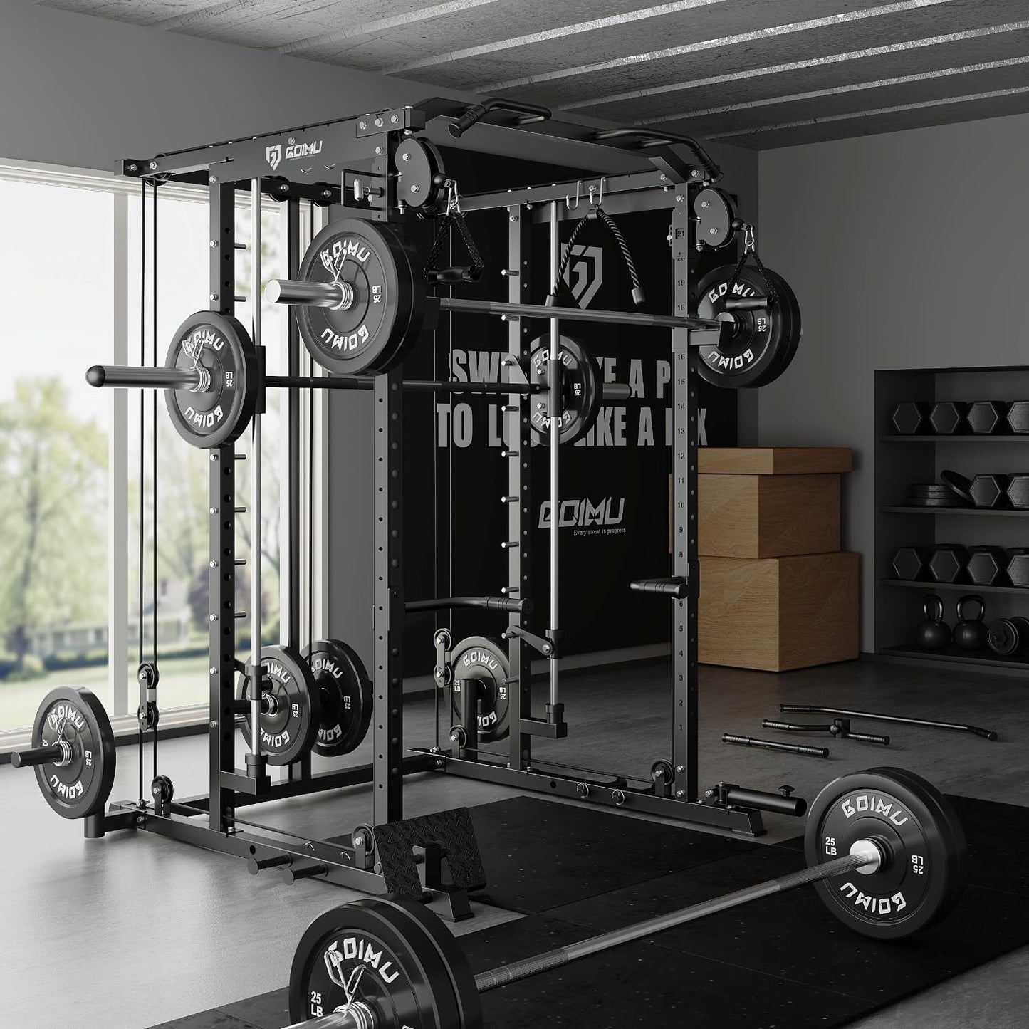 Goimu S1-V4 Smith Machine, 2000LBS Power Cage with Cable Crossover System, All-in-One Squat Rack with Smith Bar, Strength Training Equipment for Hone Gym (Black Smith Machine S1)