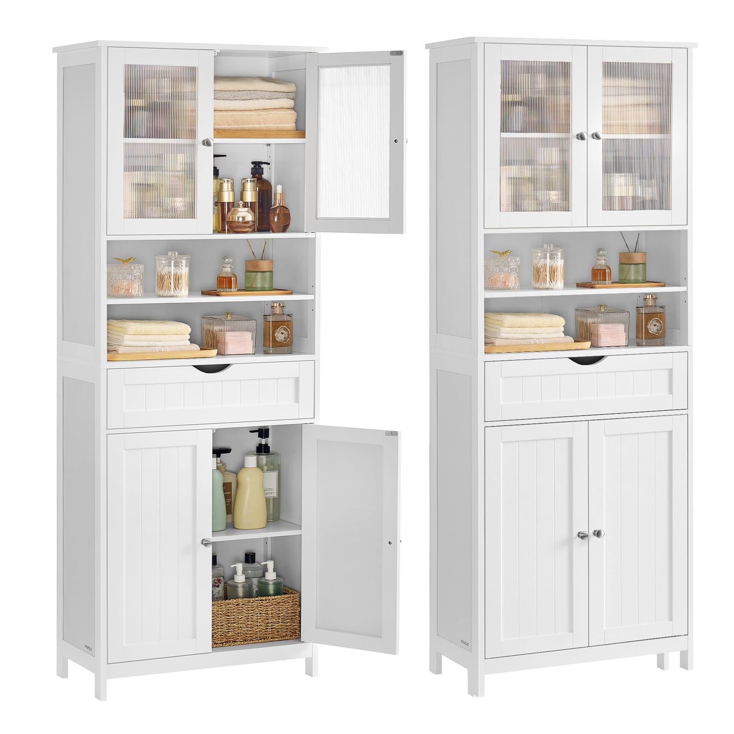 VASAGLE Storage Cabinet, Freestanding Storage Unit with Adjustable Shelves, Drawer, Open Compartments, for Bathroom, Living Room, Kitchen, Cloud White UBBC768WH01S