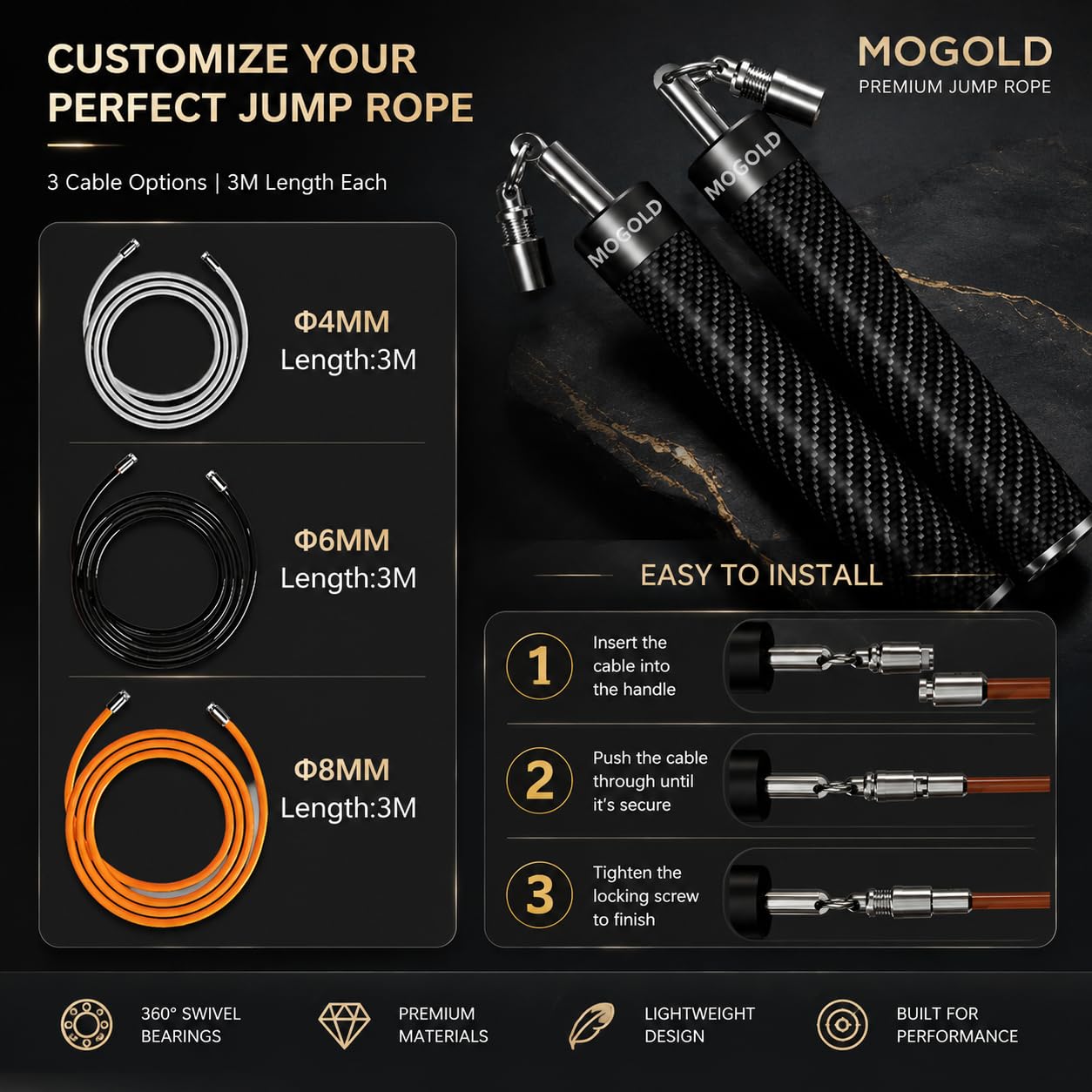 Mogold Weighted Jump Rope for High-Intensity Training, Muay Thai & MMA Workouts Heavy Jumping Ropes for Fitness Carbon Fiber Handle Adjustable Length 3 Meters 1/5 +1/4lb+1/2lb PVC Steel Wire Rope