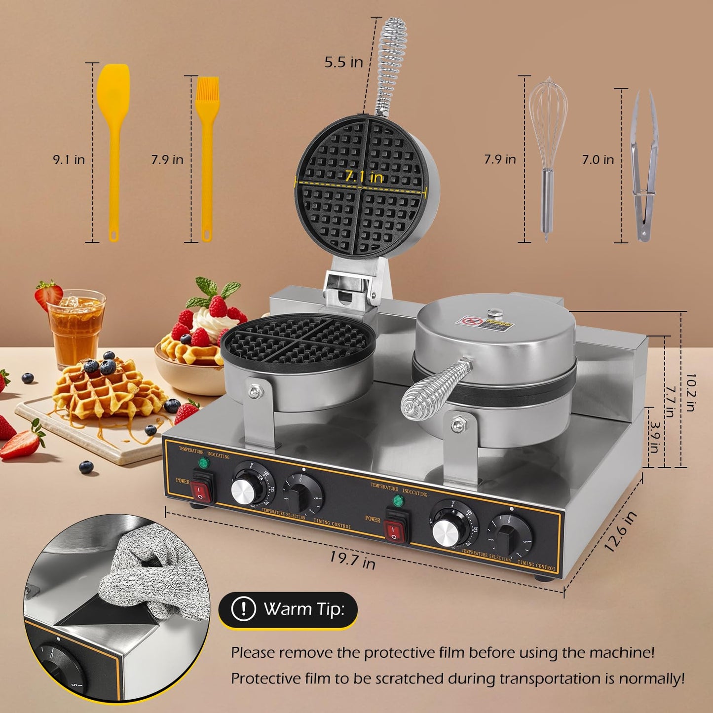 Dyna-Living Waffle Maker 2400W Double Waffle Iron Maker Restaurant Non-stick Round Waffle Machine Commercial Waffle Maker Large Waffle Machine for Hotel, Thicken Stainless Steel