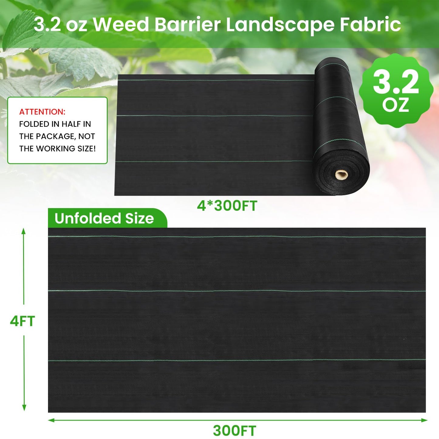 Rintea 4FTX300FT Weed Barrier Fabric, 3.2oz Landscape Fabric, Durable Weed Barrier Fabric Heavy Duty with 20 U-Shaped Securing Pegs for Landscaping Weed Blocker Garden Bed Cover, Commercial Driveway
