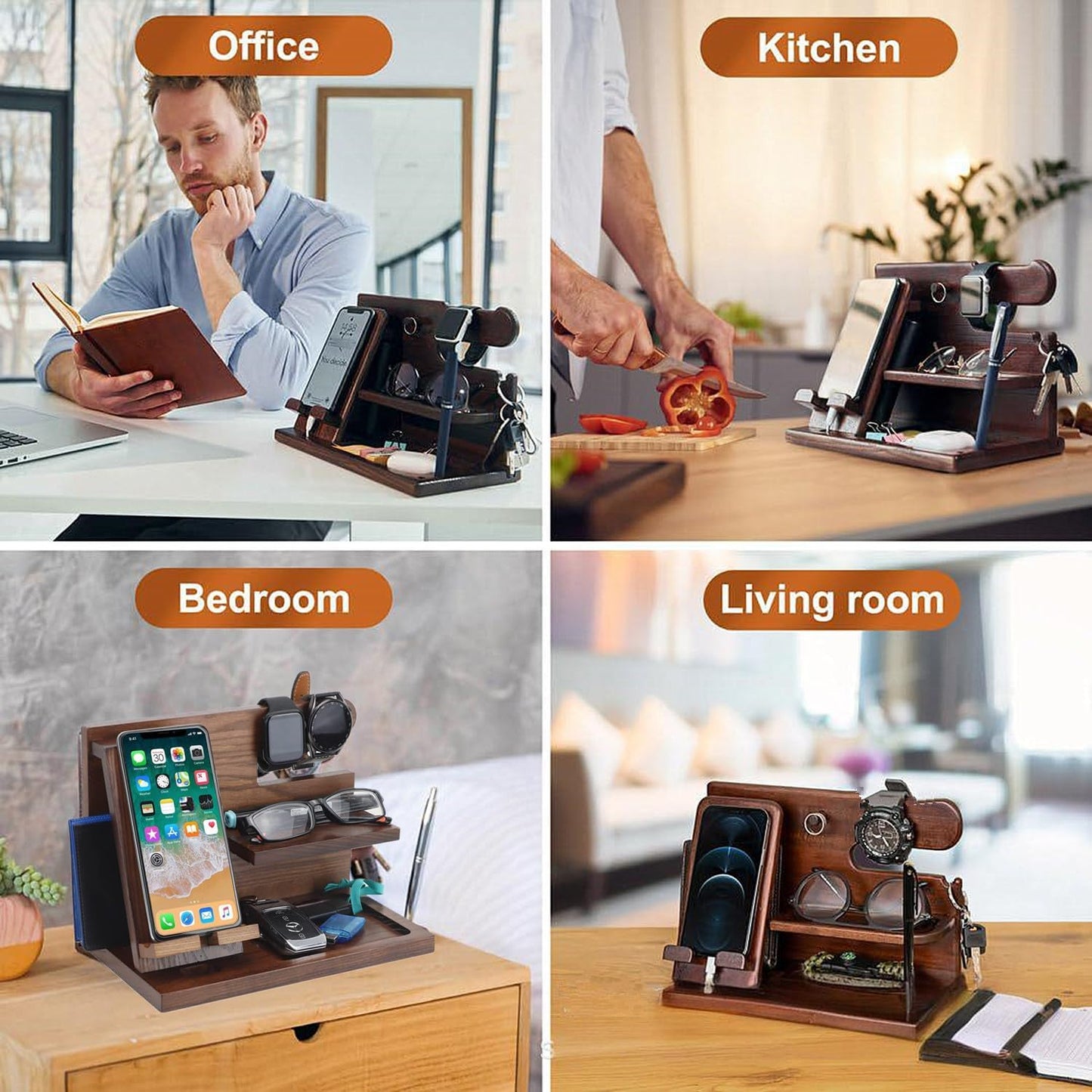 5-in-1 Wood Phone Docking Station, Desktop Organizer for Phone, Watch, Keys, Glasses & Office Supplies, Birthday Gifts