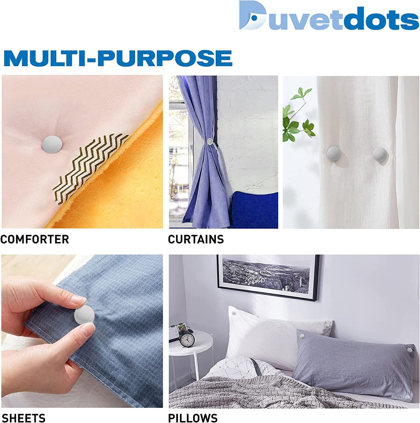 Duvetdots Gray Keyless Duvet Clips, No Key Needed. Pack of 8 Comforter Fasteners That are Safe Locking, Low Profile Egyptian Cotton Bedding Pins Holds up to 10lbs, Clamps Keeps Comforter From Shifting